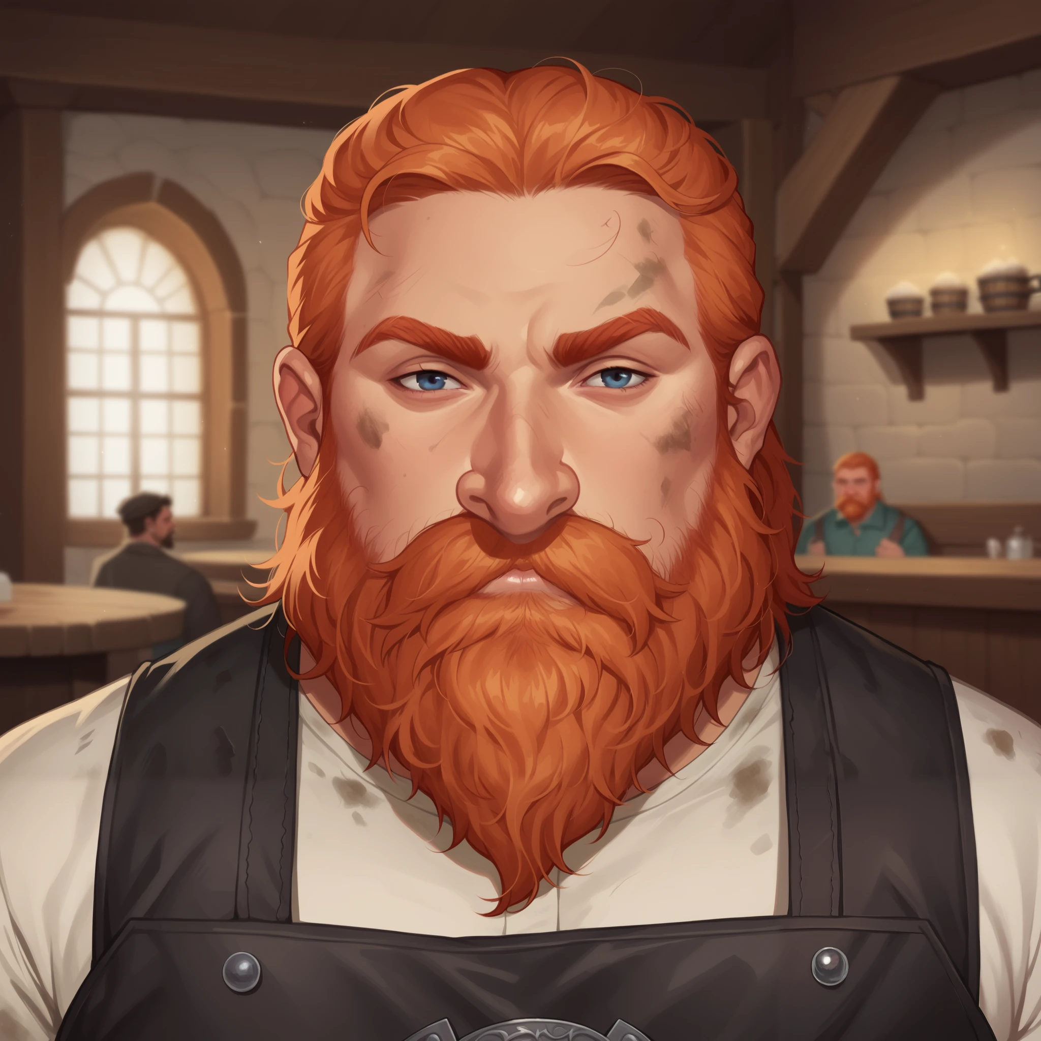 (((beautiful, high quality, comics style, detailed face))), score_9, score_8_up, score_7_up, BREAK, 1man, mature male Dwarf, 50-year-old, short stature, big nose:1.1, ginger, bearded, hairy body, front view, bored, tan skin, blacksmith, cotton tunic, black leather apron, dirty, frayed fabric, fantasy tavern, blurred background, DeepNegative_xl_v1, detailxl, zPDXL3