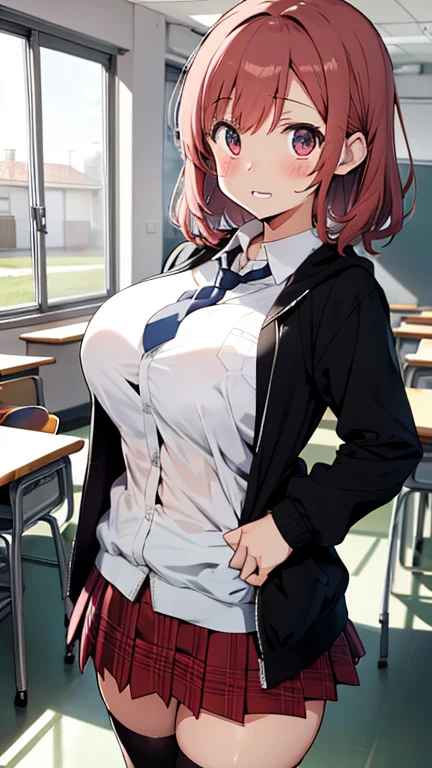 (masterpiece, top quality, best quality, art, beautiful), monika, emerald green eyes, very long hair, coral brown hair, high ponytail tied back with a large white bow, curled slightly at the ends, school uniform consisting of a warm gray blazer fully buttoned and untucked, brown sweater vest, white shirt fully buttoned and tucked, red ribbon, dark blue pleated skirt, black thigh-high socks and white uwabaki slippers with pink tips, (background:classroom playing piano), Yandere, eyes on the camera,