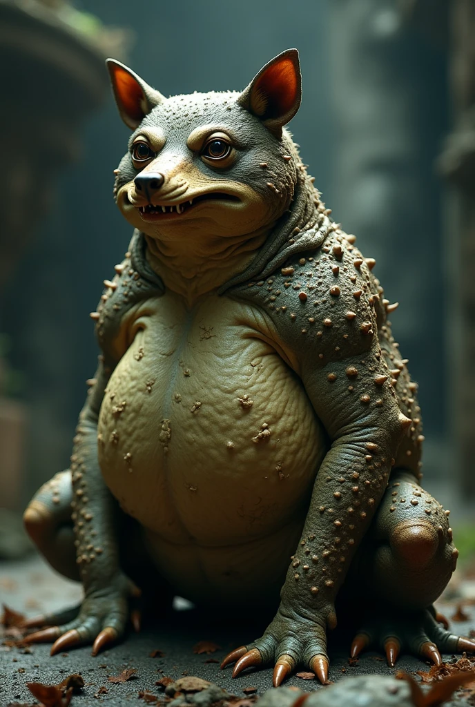 A fat male jabba, fat, brown-green body, large red snake eyes, saliva dripping down his chin, standing sideways by a stone pedestal in a crowded stone cave, chains hanging on the walls, a window carved into the rock in the background, the atmosphere of the "Star Wars" movies dark, smokey atmosphere. camera from the side.