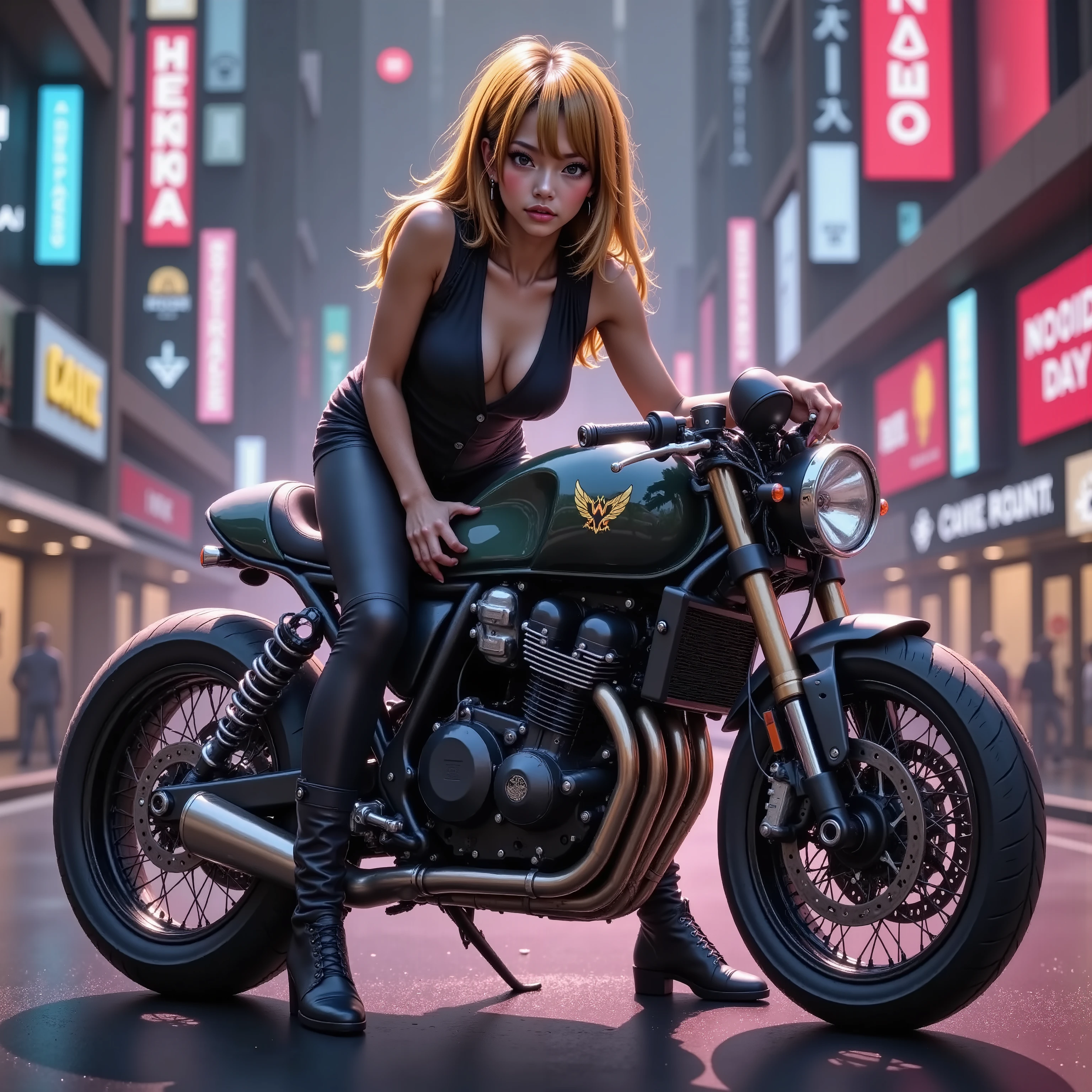 cafe racer、A beautiful girl poses and stands beside a motorbike tuned up by a 、 Night Neon City 、 cyberpunk city , movie light effect, high resolution, best quality , Ultra Wide Angle