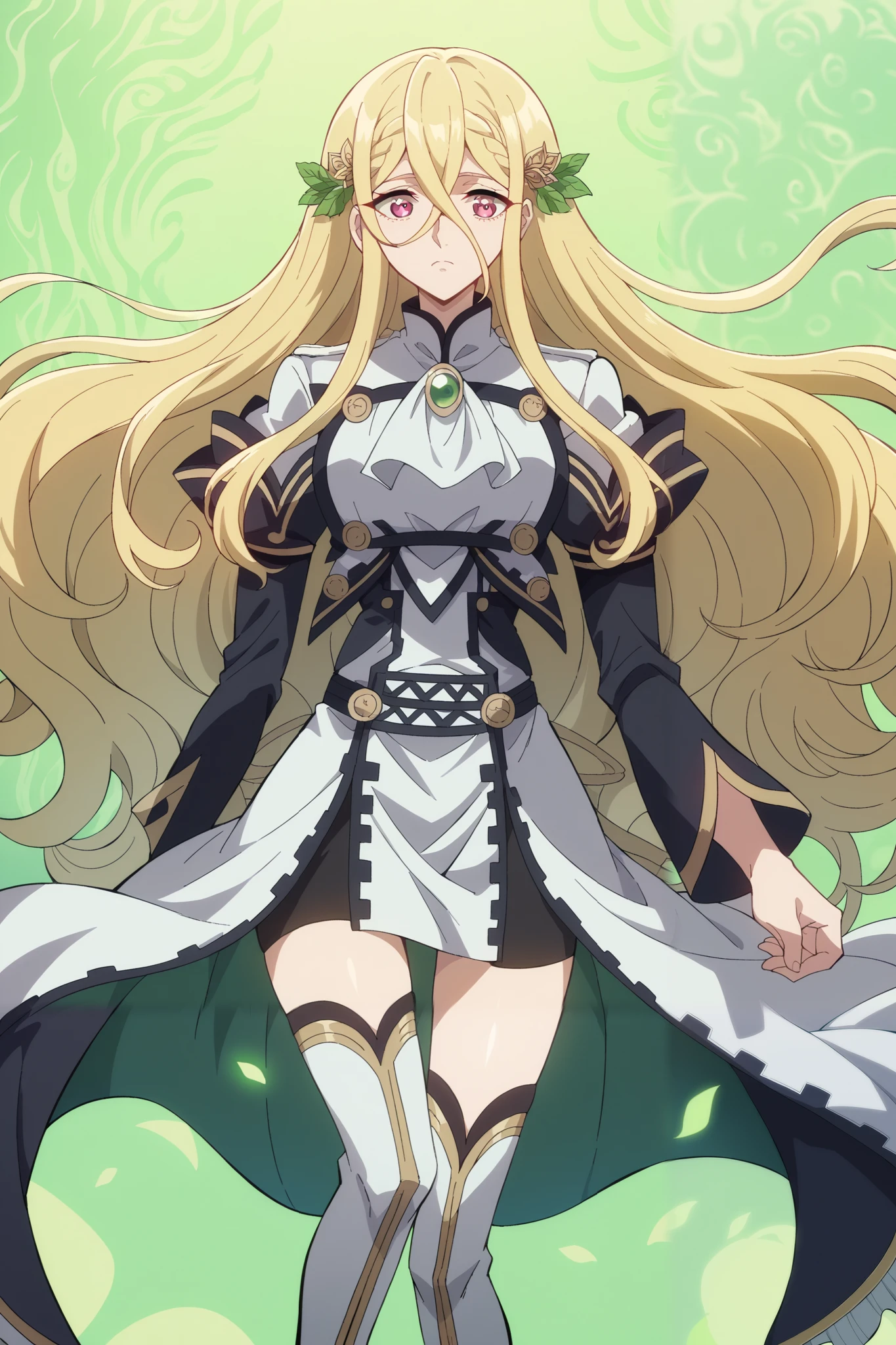 score_9, score_8_up, score_7_up, score_6_up, score_5_up, blonde facing the viewer , 1 girl , long-haired blonde , fragile, slim, long blond golden hair develops in the wind, bangs on the forehead, hair between eyes , raspberry eyes , dark pink eyes , warm white jacket , modern , club leather mini skirt , warm tights , white thigh high boots , medium sized chest , pressed her hands to her chest , green light in the hands , thin waist, slender legs , full size style , girl has a green aura , huge sea wave , background rising like a tsunami wave
Masterpiece , high resolution, Accuracy, best quality