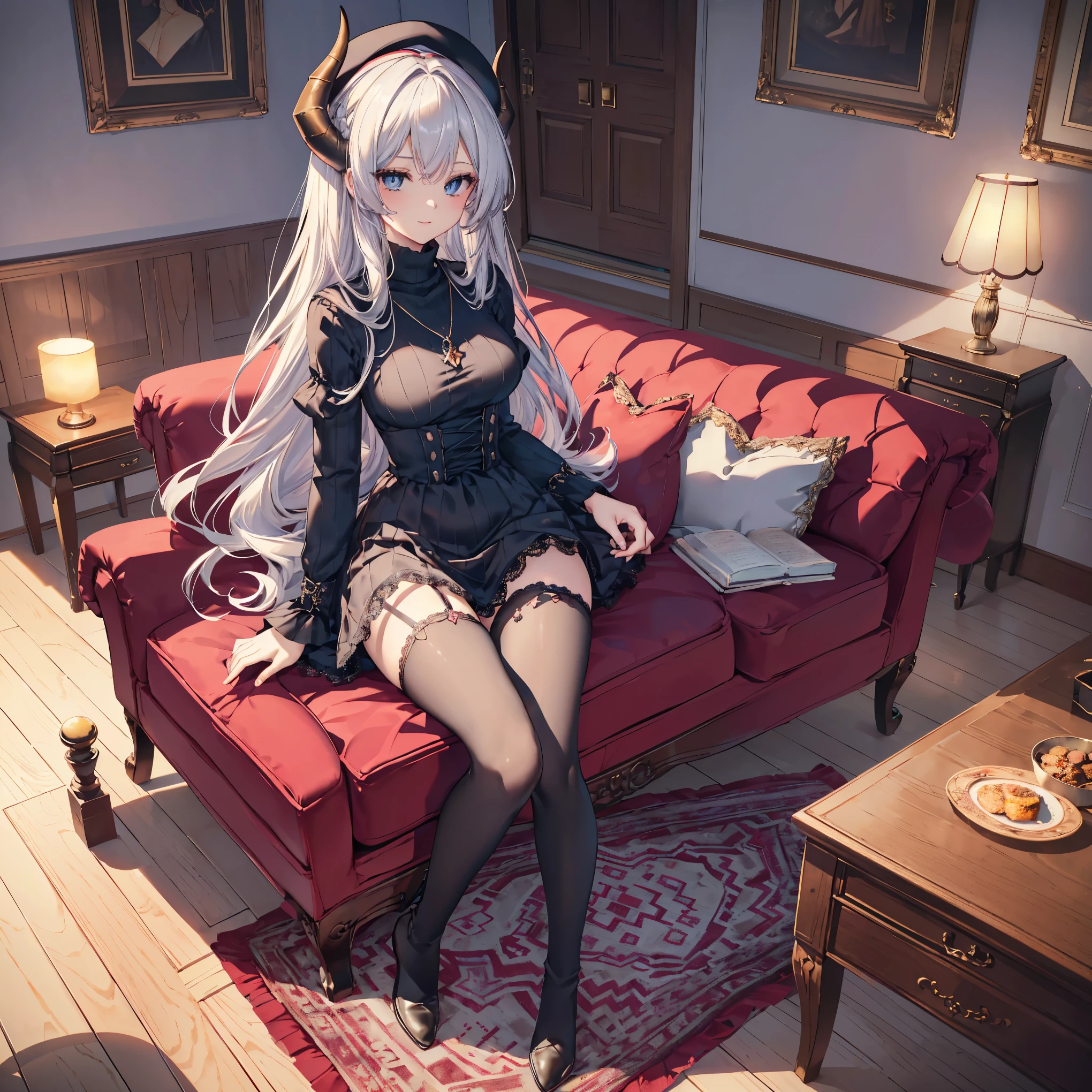 Best quality, full body portrait, delicate face, pretty face, 25 years old woman, slim body, large bust, OL uniform, black wrinkled skirt with black transparent pantyhose), showing a delicate slim figure and graceful curves, correct limbs, black stockings, sitting masterpiece, super fine photo, best quality, super high resolution, photorealistic realism, full body portrait, amazing beauty, silver hair, golden eyes