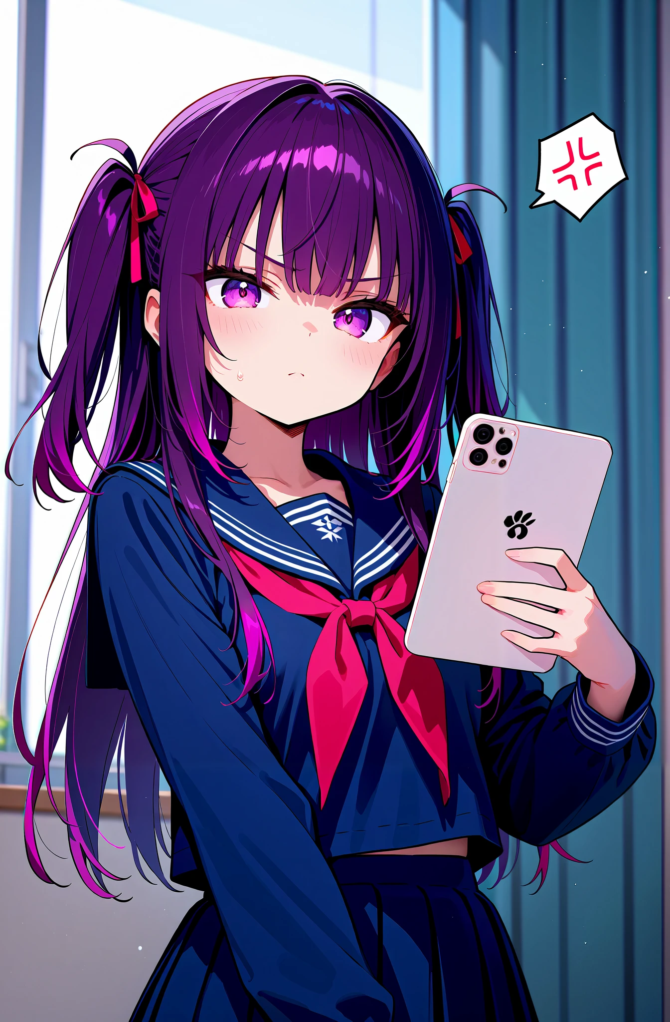 Anime style, high school girl, dressed in a school uniform, dark purple hair, long hair, interesting hairstyle, Tsundere