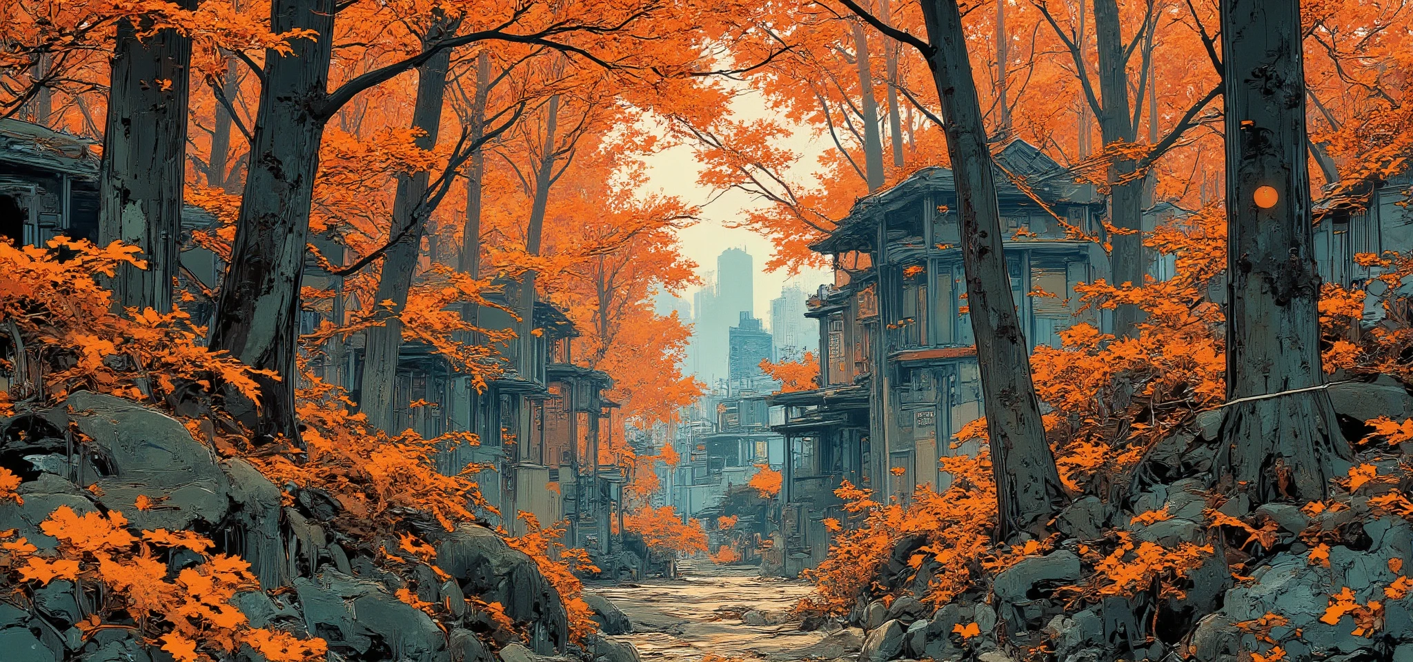 A tranquil Japanese forest in autumn, with tall bamboo trees and vibrant maple trees displaying red and orange leaves. A narrow stone path winds through the forest, surrounded by lush greenery and moss-covered rocks. Soft sunlight filters through the canopy, creating a peaceful and magical atmosphere. Small wooden lanterns line the path, adding a traditional Japanese touch