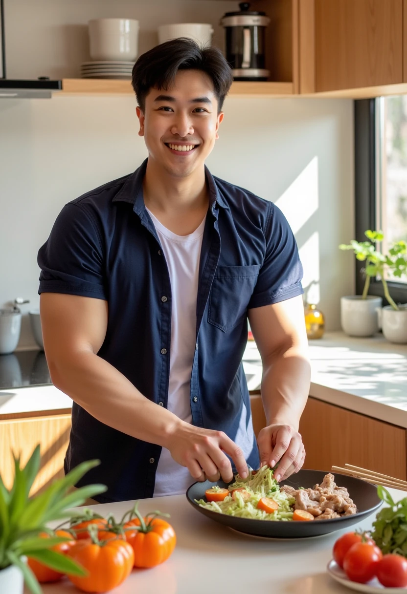 photorealistic, best quality, masterpiece, extremely detailed, very sexy, very homoerotic, extremely handsome, 30 year old muscular filipino man, (muscular bodybuilder), (smiling), wearing only apron, frying eggs, in kitchen, extremely romantic atmosphere, perfect face, perfect fingers, perfect hands, perfection