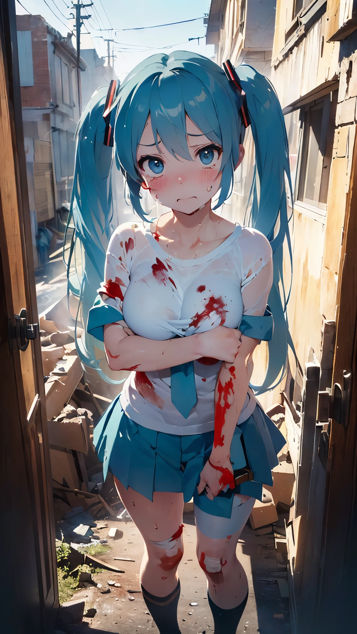 masterpiece, high quality, best detail, japanese anime illustration, a crazy scariest woman with light blue short hair, big smile, blood splattered on face, collar, handcuffs, wearing a hoodie, random pose, (dark depiction), (background:prison, blood stain)