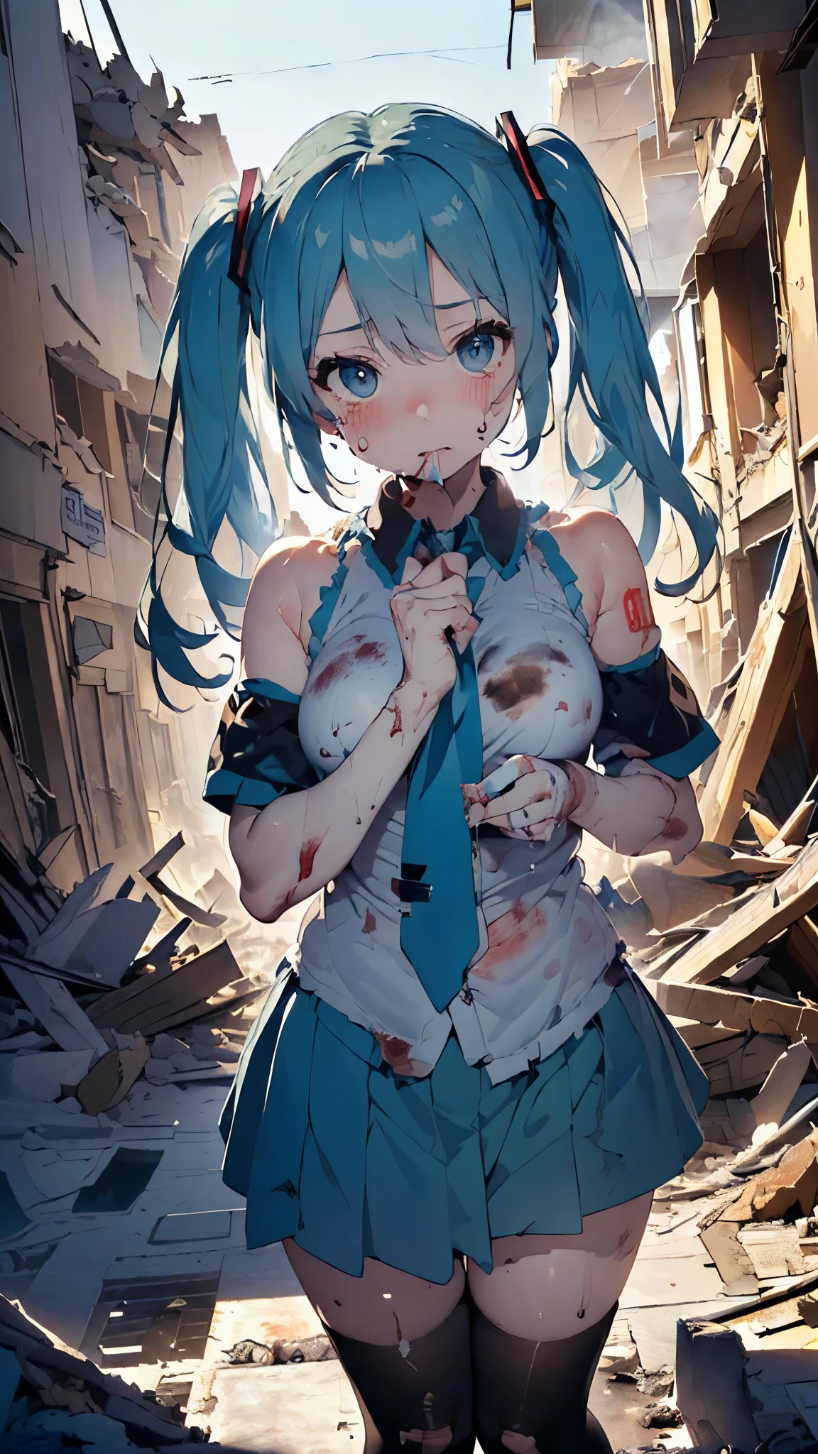(((((masterpiece,High-definition,in 8K,highly detailed,Impressionism,Official art,Best Quality))))),from the front,cowboy shot,Facing forward,in a close-up,(((solo girl,Hatsune Miku,light-blue twin tails hair))),With tears in eyes,(((A look of horror,blushing,sweaty))),big tits,Dirty and blemished skin,sexy body,(((Bleeding from all over the body,seriously injured,Standing there in shock,Holding a wound on elbow with hand))),((((Major earthquake,In the rubble-strewn ruins,night,Smoke is rising all around,Scary atmosphere))))