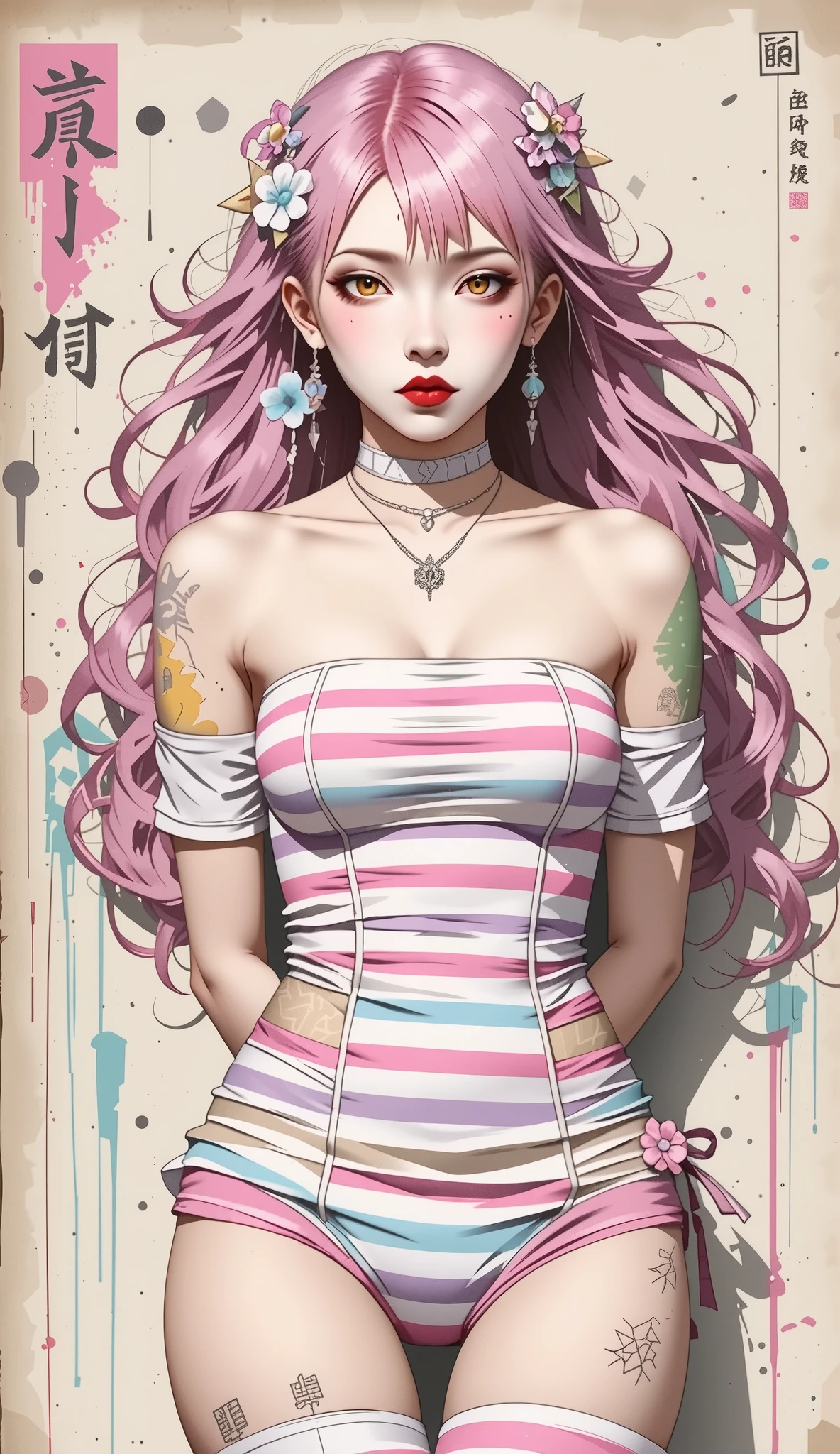 (best quality, highres), young japanese girl, long hair, swept-side bangs, pink hair, orange eyes, huge breasts, plain wall, (underboob), pink and white striped tube top, red lips, thick thighs, thigh highs, anime, hentai, manga, standing, contrapposro, (arms behind back), straight on,
