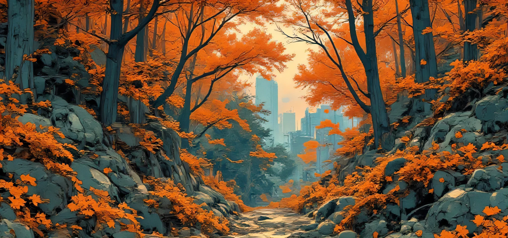 A tranquil Japanese forest in autumn, with tall bamboo trees and vibrant maple trees displaying red and orange leaves. A narrow stone path winds through the forest, surrounded by lush greenery and moss-covered rocks. Soft sunlight filters through the canopy, creating a peaceful and magical atmosphere. Small wooden lanterns line the path, adding a traditional Japanese touch