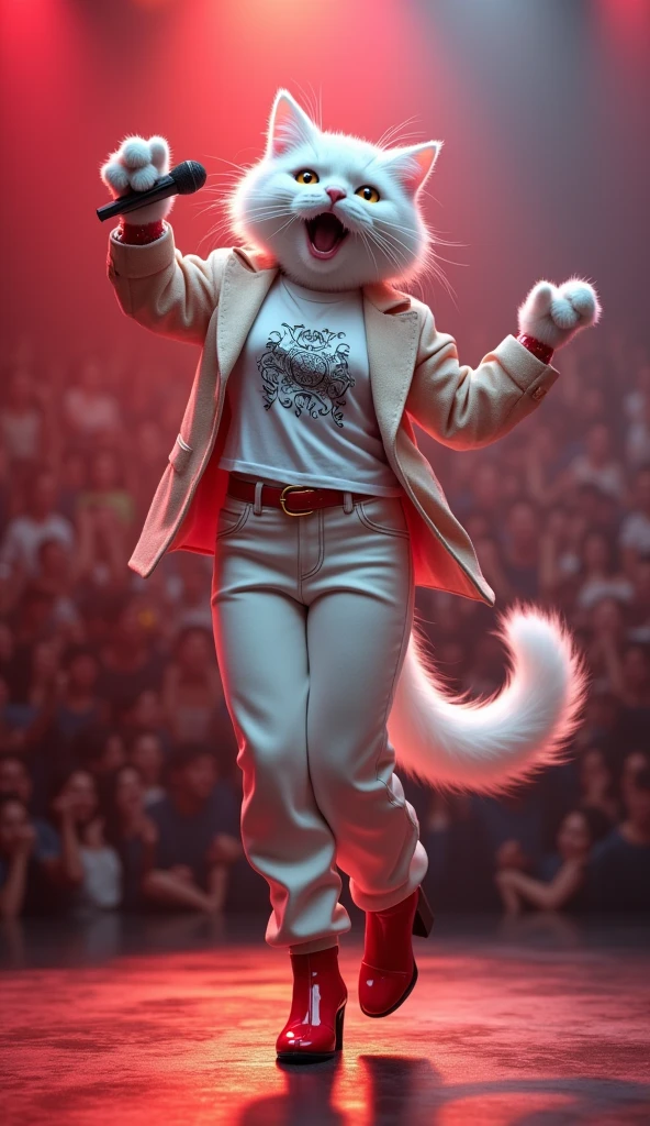 zPDXL, score_9,score_8_up,score_7_up,_up, best quality, amazing quality, masterpiece, 1girl, looking at viewer, solo, fullbody, cute, blush, tight cloth, blush, close, upper body, porsha,  yellow eyes, white-blue fur, wolf girl, wolf ears, wolf tail,  blue t-shirt, lion head print calloway t-shirt, jacket, yellow pants, sneakers, sunglasses, eyewear on head, purple eyewear, <lora:PorshaUPDATED:1> indoors, stage, party lights,  contour_deepening, depth of field, huge filesize,large breasts, blurry background