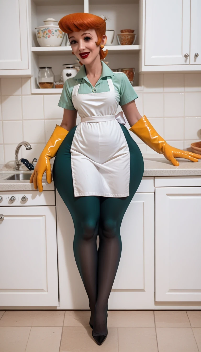 zPDXL2, dextersmom, woman, 1girl, high quality, hd quality, black eyes, beautiful eyes, beautiful body, beautiful face, aqua shirt, black pantyhose, rubber gloves, short orange hair, earrings, wide hips,tiny apron, lipstick, feet, looking at viewer, smiling, standing, kitchen, slichtly bent over, big boobs, big ass, wide hips, thick thighs, iinside cozy bedroom, strappy_heels , Dinamic poses,