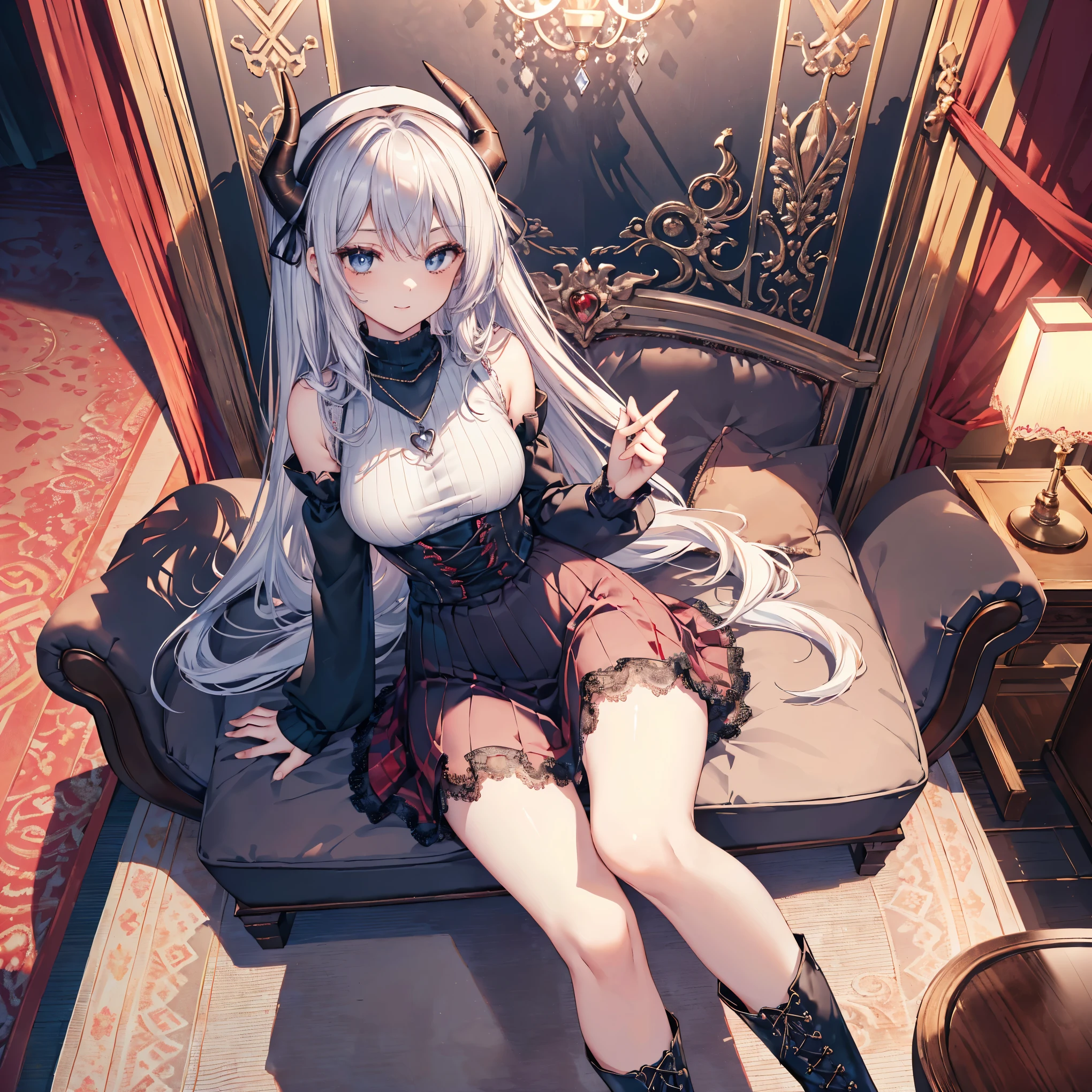 masterpiece, best quality, intricately detailed, a woman, beautiful, elegant, smile, blood, iridescent long hair, bangs, skirt, shirt, long sleeves, frills, shoes, (red and black:1.4), flower, creepy, horror, skulls, long hair, black hair, candle, hair flower, solo, hair ornament, bone, sitting, doll, skull, skeleton, horror (theme)