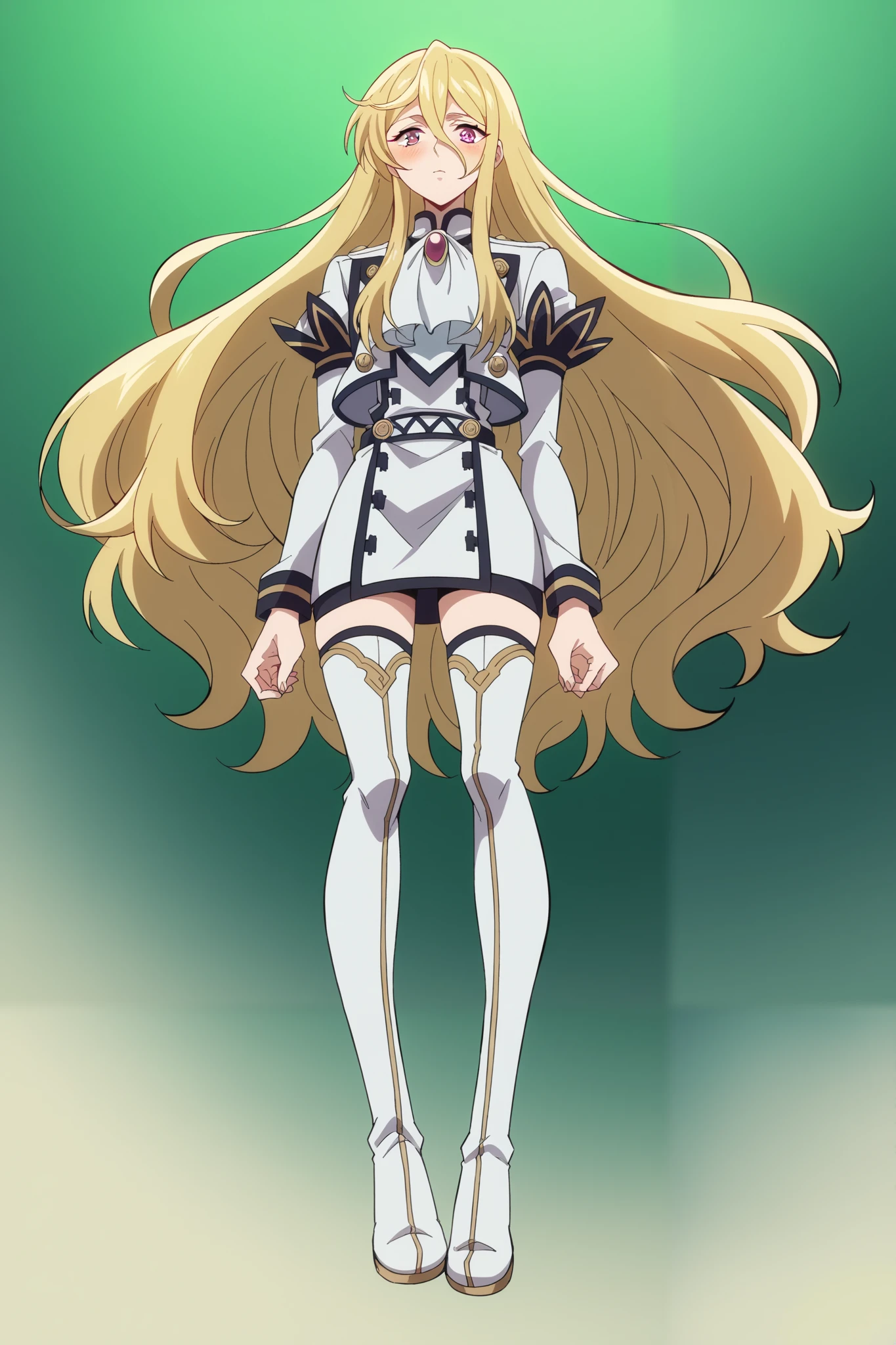 score_9, score_8_up, score_7_up, score_6_up, score_5_up,   blonde face to the viewer,  1 sixteen year old girl ,   long-haired blonde, fragile,  slim,  long blond golden hair develops in the wind, bangs on the forehead,  hair between eyes   ,  raspberry eyes ,   dark pink eyes  , blush ,  warm white jacket , modern ,  club leather mini skirt ,  warm tights   ,   white thigh high boots   ,  medium sized chest ,   pressed her hands to her chest  ,  green light in the hands  ,   thin waist,  slender legs ,  full length style, goes forward, view from below,   girl has a green aura  ,   huge sea wave , background rising like a tsunami wave

Masterpiece  ,   high resolution, Accuracy,   best quality 
