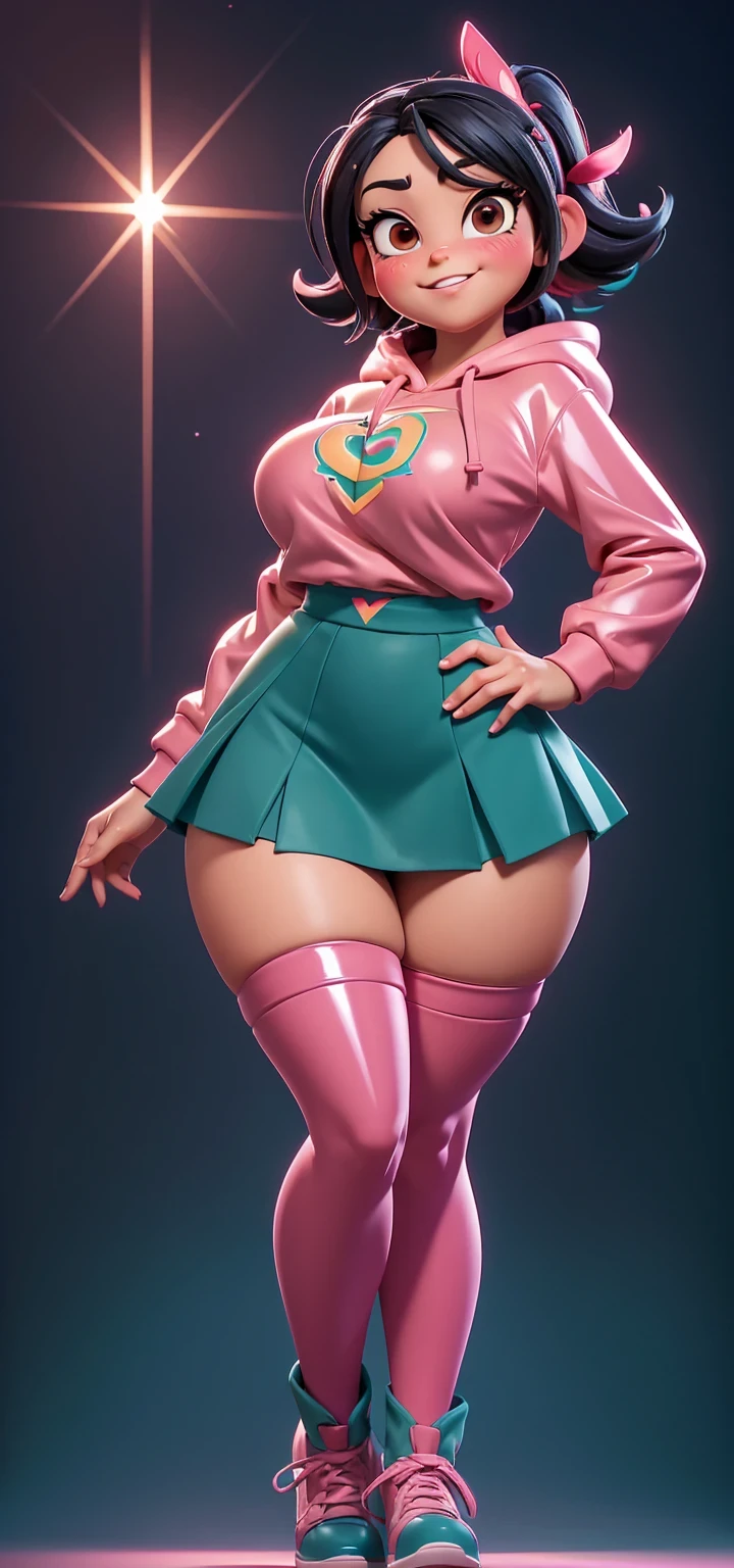 Full body view, adult, (best quality:1.4),(shiny skin), body focus, (cute face), (((best quality))), illustration, adult, full body view, ((Beautiful Finger)), , Beautiful body, Beautiful character design, ,perfect lighting, Colorful, Bright_Front_face_Lighting, ultra high res, highres, absurdres:1.2, bokeh:1.2, lens flare, huge breasts, tall, long curvy legs, stockings,(vibrant_color:1.2), , (thick thighs:1.3), THICK, Black hair with colored sprinkles, red stockings, teal hoodie, large brown eyes,perfect ears, pink blush on cheeks, content expression, skirt, adult Vanellope von Schweetz, 16 years old.
