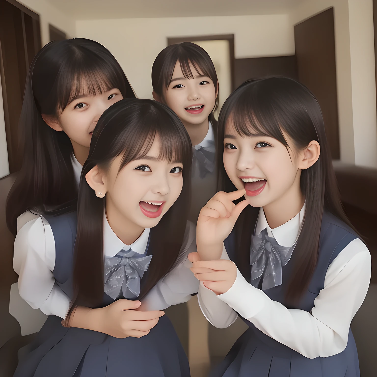 (highest quality, masterpiece, high resolution:1.2), 4K, (Photo quality detailed foreground: 1.2), geometry, (Three bewitching fascinating too-beautiful-succubi have caught the viewer. Group of Cute noble very-long-hair Japanese photo model 20yo ladies are seated on a gorgeous lascivious sofa and can't stop kissing the viewer and looking at the viewer with her too beautiful eyes like laughing fashion model: 1.3), (Using expensive face-whitening cosmetics to make her skin more beautiful and pure by professional makeup artist: 1.4), (devious girlish fascinating laughter in bliss, devious girlish pose: 2.0), Laughing cutely, ((Light-Gray) Japanese school girly vest Uniform with neat girly light-yellow short-sleeves school blouse, puffed short sleeves: 1.2), (white socks and school loafers, kicking back: 1.5), (Dark blue glossy glossy school ribbon on the breast: 1.0), (Extremely laughing cheeks: 1.8), (Beautiful light-amber large clear open eyes with balanced and detailed cutely: 1.4), (double eyelids: 1.0), (highly curled bangs: 1.2), (Expressing the greatest joy with her whole body: 1.2), (Glossy lips: 1.0), (too long very straight hair reaches her hips: 1.7), (cute earrings), (making the viewer crazy with her beautiful hands: 1.6), (white and clear skin: 1.0), (Laughing cute princess's eyes looking at me: 0.8), (Very shy, cute, slender, pretty, pretty, too girly & Girlish: National Beautiful Girl Grand Prix winners: 2.0)