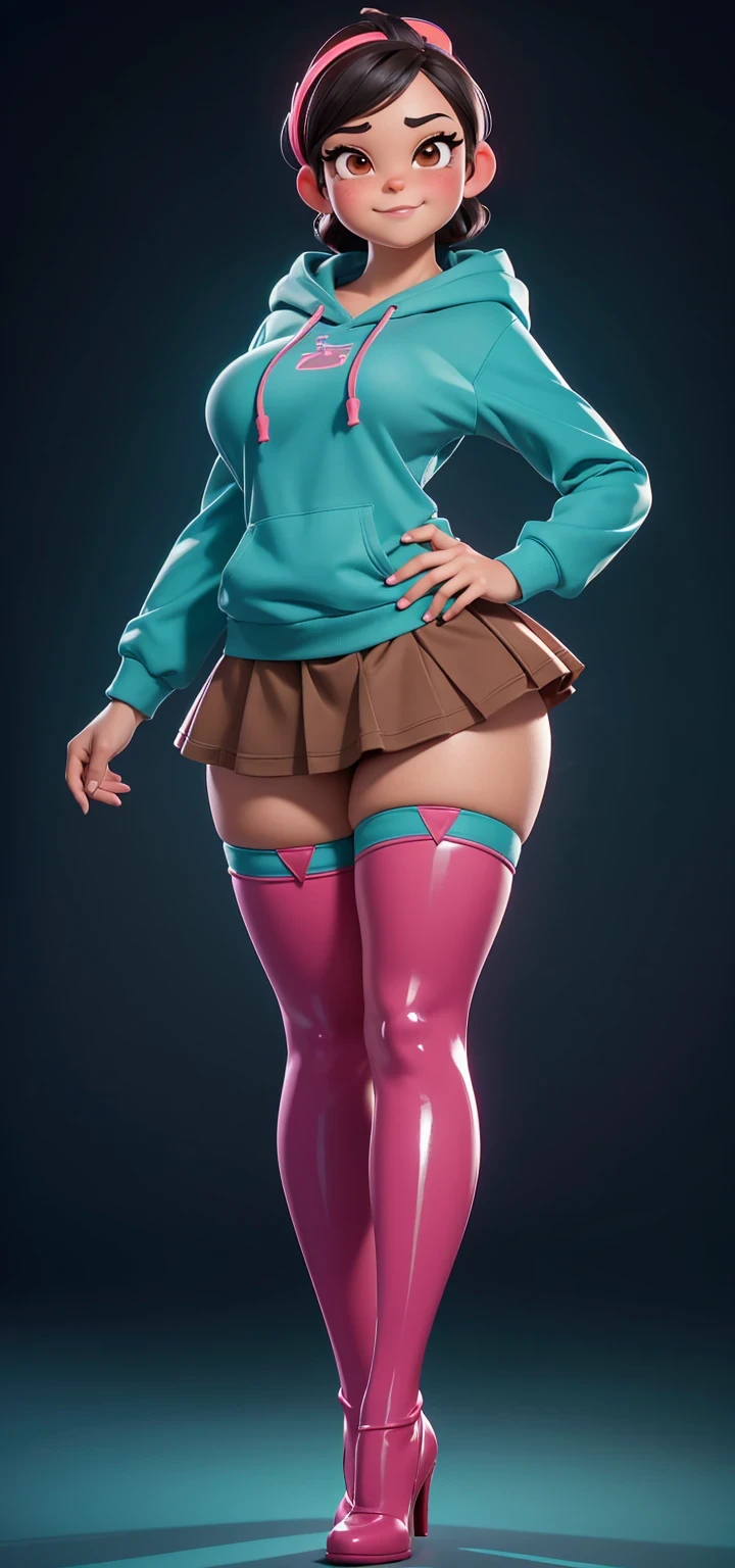 Full body view, adult, (best quality:1.4),(shiny skin), body focus, (cute face), (((best quality))), illustration, adult, full body view, ((Beautiful Finger)), , Beautiful body, Beautiful character design, ,perfect lighting, Colorful, Bright_Front_face_Lighting, ultra high res, highres, absurdres:1.2, bokeh:1.2, lens flare, huge breasts, tall, long curvy legs, stockings,(vibrant_color:1.2), , (thick thighs:1.3), THICK, Black hair with colored sprinkles, red stockings, teal hoodie, large brown eyes,perfect ears, pink blush on cheeks, content expression, skirt, adult Vanellope von Schweetz, 16 years old.