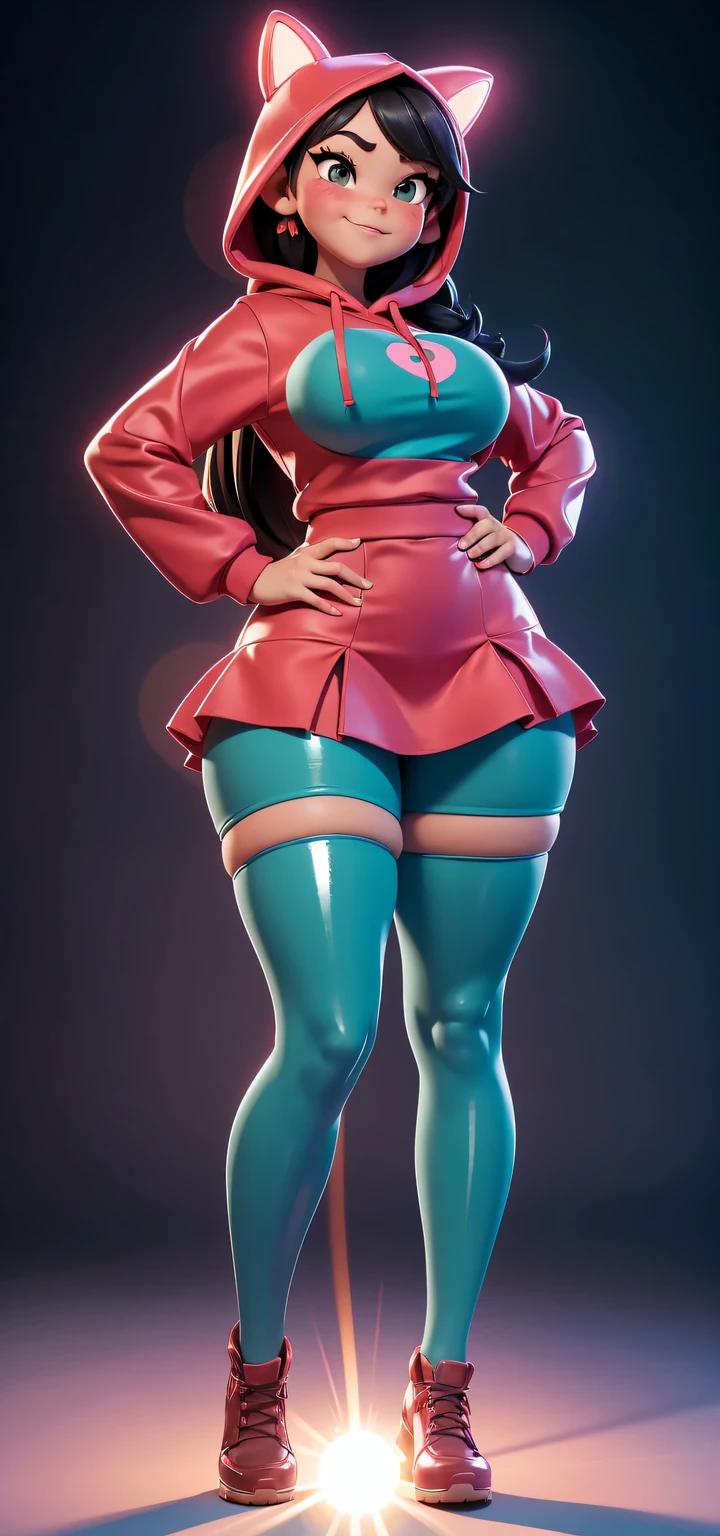 Full body view, adult, (best quality:1.4),(shiny skin), body focus, (cute face), (((best quality))), illustration, adult, full body view, ((Beautiful Finger)), , Beautiful body, Beautiful character design, ,perfect lighting, Colorful, Bright_Front_face_Lighting, ultra high res, highres, absurdres:1.2, bokeh:1.2, lens flare, huge breasts, tall, long curvy legs, stockings,(vibrant_color:1.2), , (thick thighs:1.3), THICK, Black hair with colored sprinkles, red stockings, teal hoodie, large brown eyes,perfect ears, pink blush on cheeks, content expression, skirt, adult Vanellope von Schweetz, 16 years old.