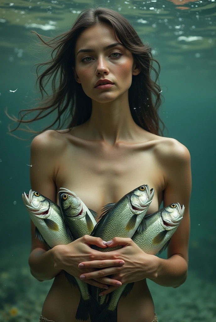 A beautiful brunette woman, being eaten by piranhas