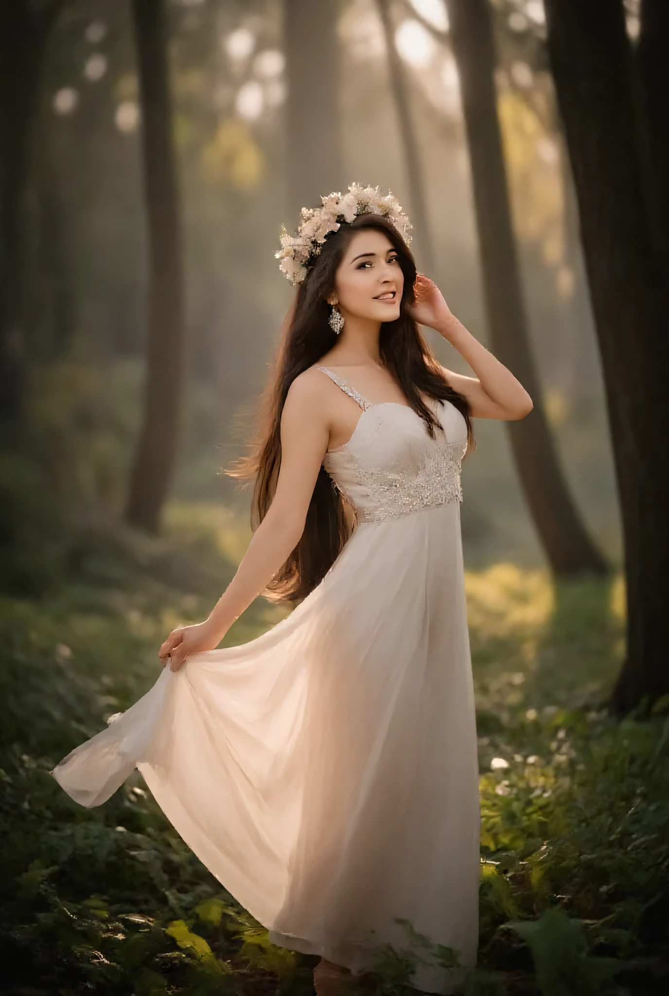 1girl, high detail, 8k, best quality, A beautiful young indonesian woman with dark brown long hair wearing a flower crown, big breast 1.8, saggy breast 1.5, curvy body, slim waist, wide hips, perfect body, standing in the dark forest barefoot, with a little sunlight shining on her body from between the trees, yellow leaves falling, her eyes focused on the camera, a faint smile, surrounded by a sea of green leaves. She is wearing a thin white dress hair and dress blowing in the strong forest wind, the dress really suits her character covering her curvy body gracefully, dark atmosphere, side back view, dynamic pose. Realistic,