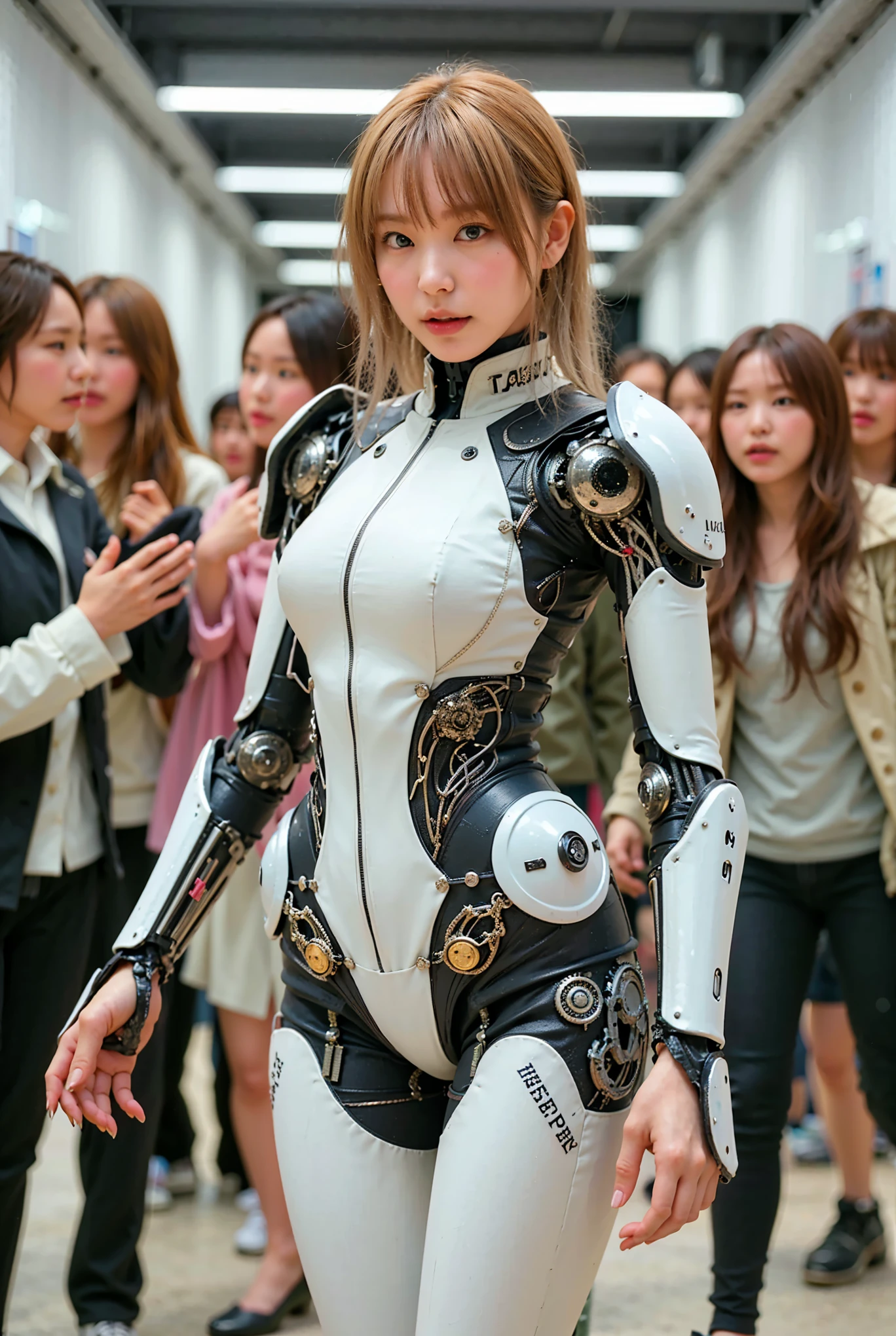 (Completely live action:1.37), (Amazingly realistic textures:1.37), (masterpiece, best quality:1.2), (8k uhd, 16k, 32k, ultra high res), amazingly realistic skin, amazingly realistic photo, superrealism, (photorealistic:1.37), (RAW photo), ultimately realistic, (ultimately realistic all details), (ultimately realistic all textures), super realistic lighting, super realistic shadow, (japanese girl:1.5), (realistic idol face), smiling, happy, super realistic face, ultimately realistic skin, ultimately realistic eyes, (mascara:1.35)ultimately realistic background, ultimately realistic detail up, (kkw-ph1:1.25), (GotouMaki:1.25), (Canon EOS R6, 85mm, 1/200s, f/5.6, ISO 1600), (tattoo), (mechanical armor:1.37), (blue eyes:1.2), (silver hair:1.3),