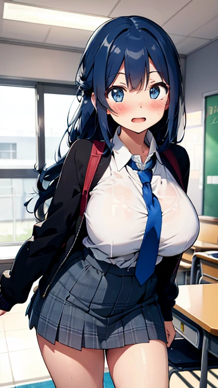 1girl, ((school uniform)), mature female, tall female, blue hair, dark blue hair, black hair, long hair, messy hair, wavy mouth, blue eyes, shy, timid, large breasts, thick thighs, pantyhose, arms behind back, white skirt, skirt, red necktie, necktie, blue jacket, pleated skirt