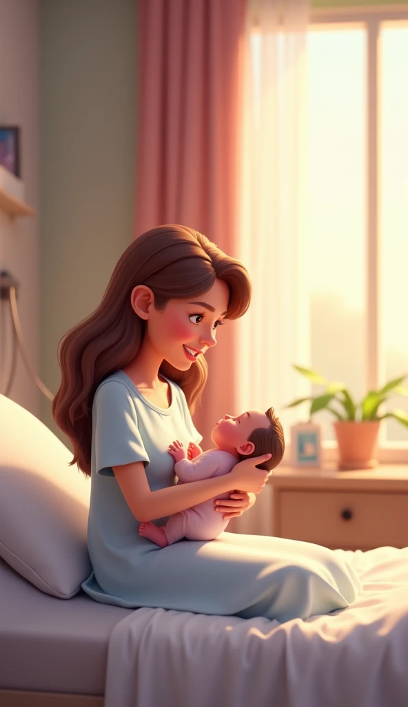 Anime style girl, in a dress dancing and singing with the baby in her arms , in the baby's room very detailed , with cot, Breast changing table, laughter, blue colored eyes, cinta,