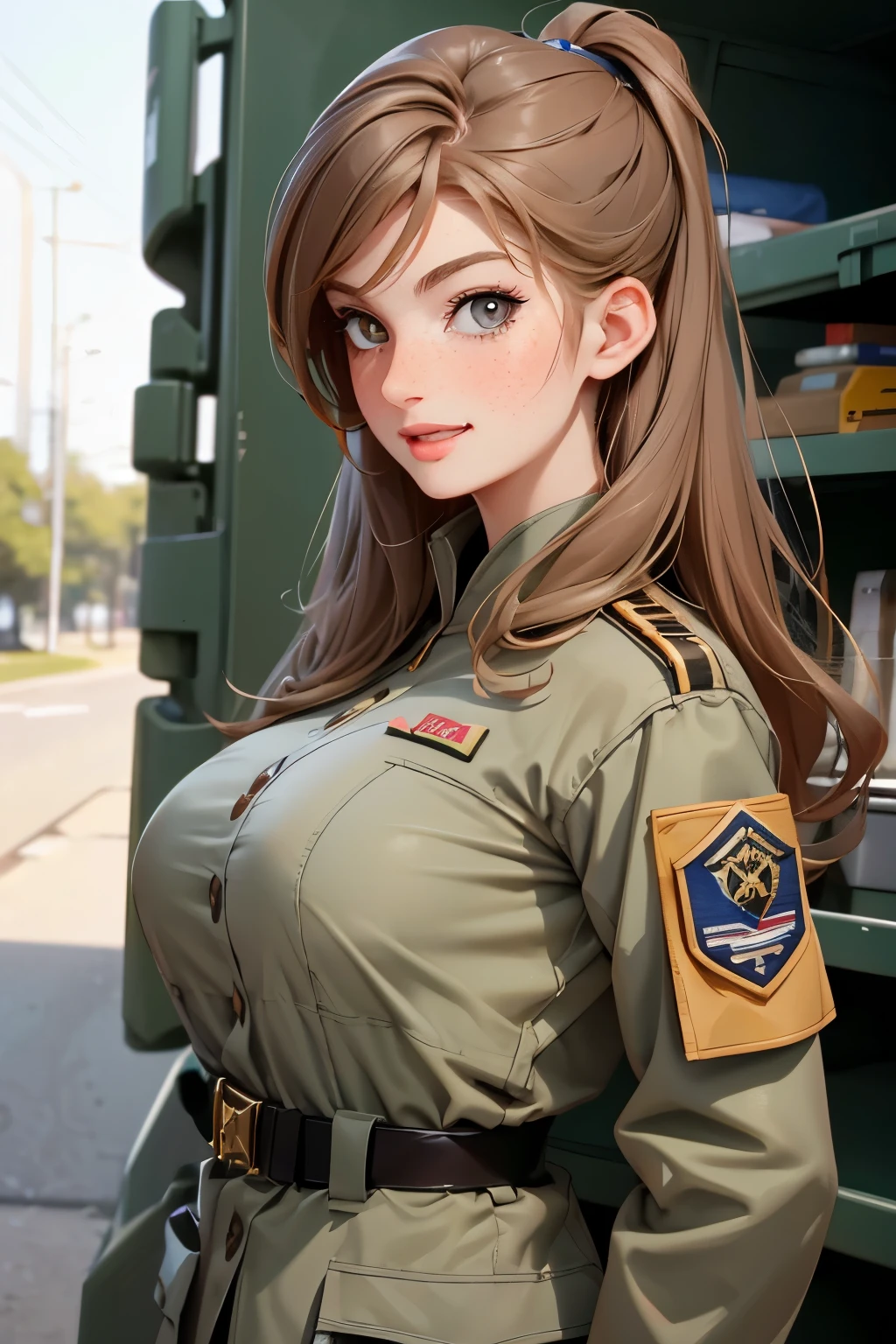 very pretty girl . She is 28 years old . Breast size 3 . height 180 cm . light grey eyes . brown-haired . she smiles . Wearing military uniform . U.S. Army Officer .