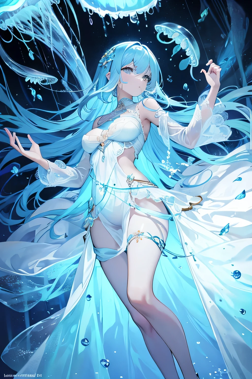 masterpiece, highest quality, 4k, high quality, insane details, illustration, 1girl, white long hair, light blue eyes, frilly dresorest), dark atmosphere, mystical, perfect body, perfect face, beautiful eyes, bioluminescence, bioluminescent water shining through her dress, shiny, translucent, volumetric lighting, crystal earrings, aesthetic, detailed background, full body shot