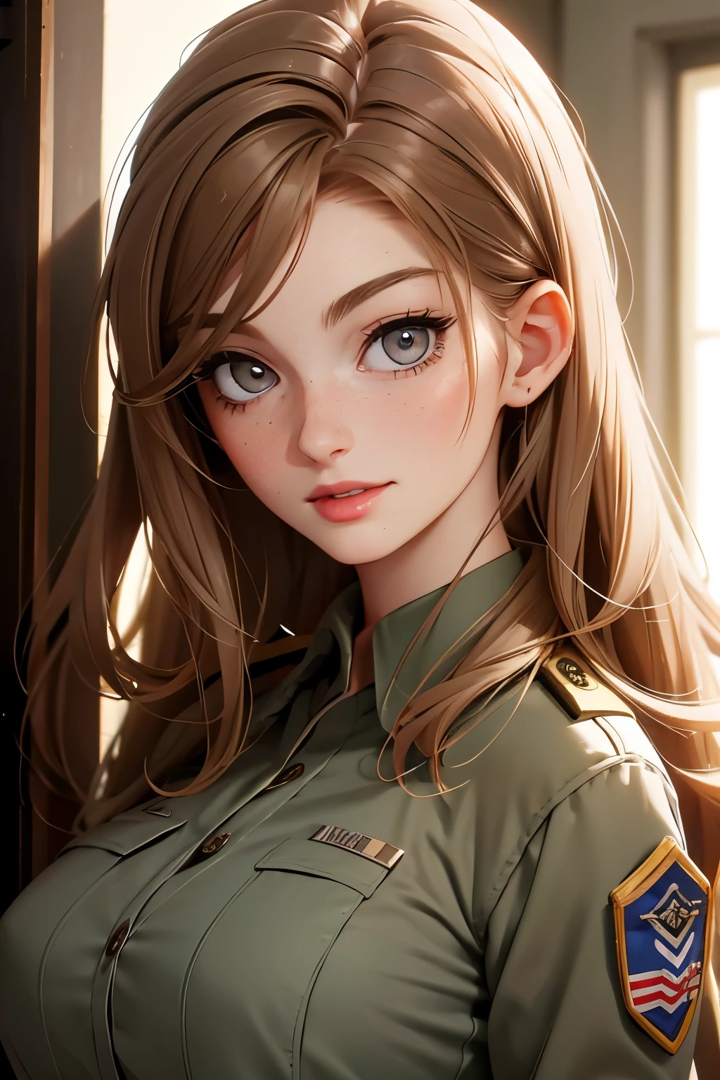 very pretty girl . She is 28 years old . Breast size 3 . height 180 cm . light grey eyes . brown-haired . she smiles . Wearing military uniform . U.S. Army Officer .