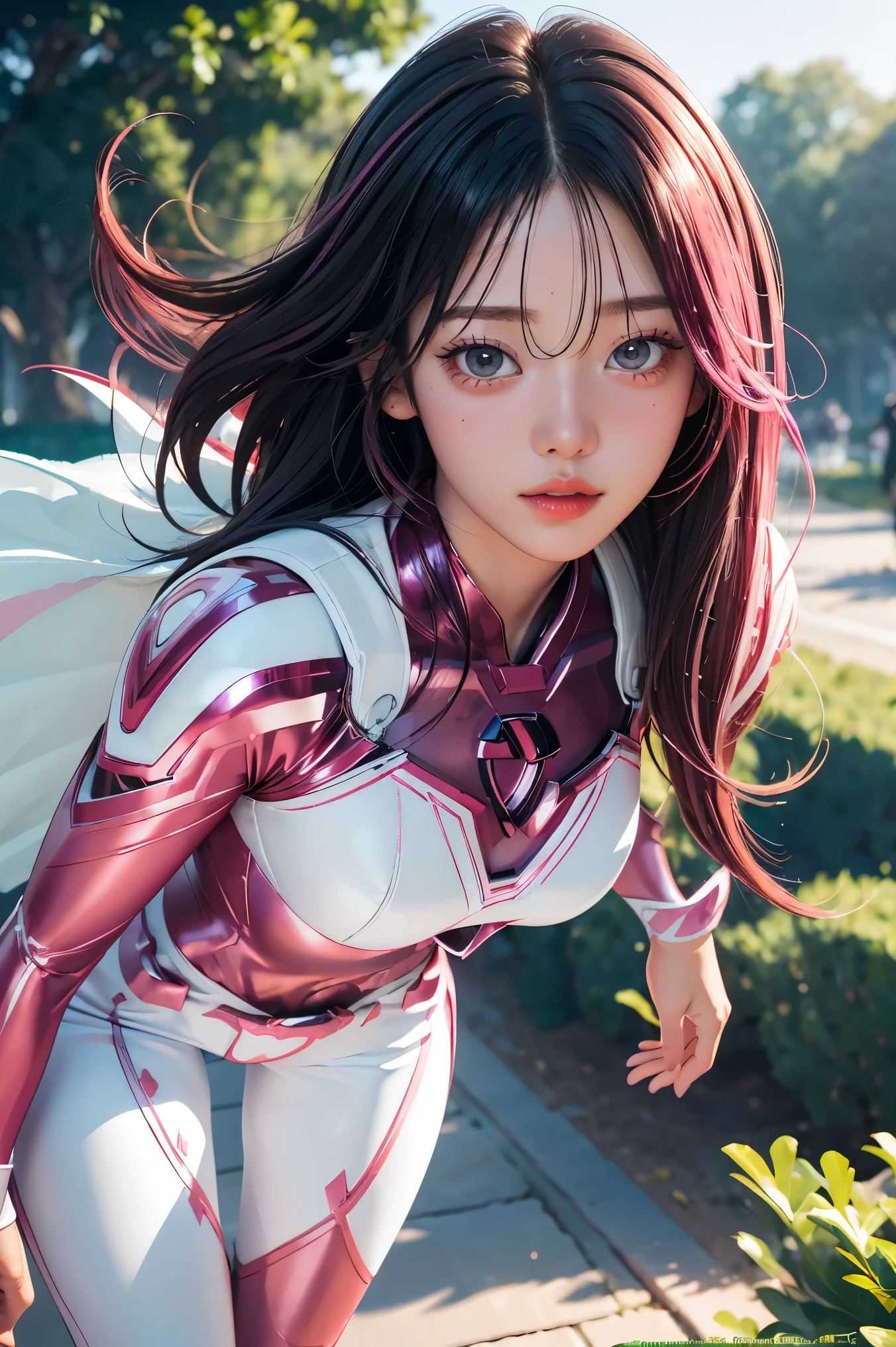 ((PinkRanger, EnakoV1)), 1girl, A beautiful 20 years old Japanese girl, Angelic, cute face,
Beautiful detailed eyes,
(Large eyes:1.3),long eyelashes,
see-through bangs,
(beautiful detailed face and eyes:1.4),
Beautiful short dark hair, beautiful smile,
(Best Quality:1.2),
Raw photo,
High resolution,
perfect detail,
Professional Photography,
Professional Lighting, (Metallic coral magenta and White Hero Suit:1.3), Ultra-tight fit bodysuit, Belt, Huge breasts, Beautiful legs, Strong lighting of the bodysuit,in the park, sexy figure:1.2, half body portrait