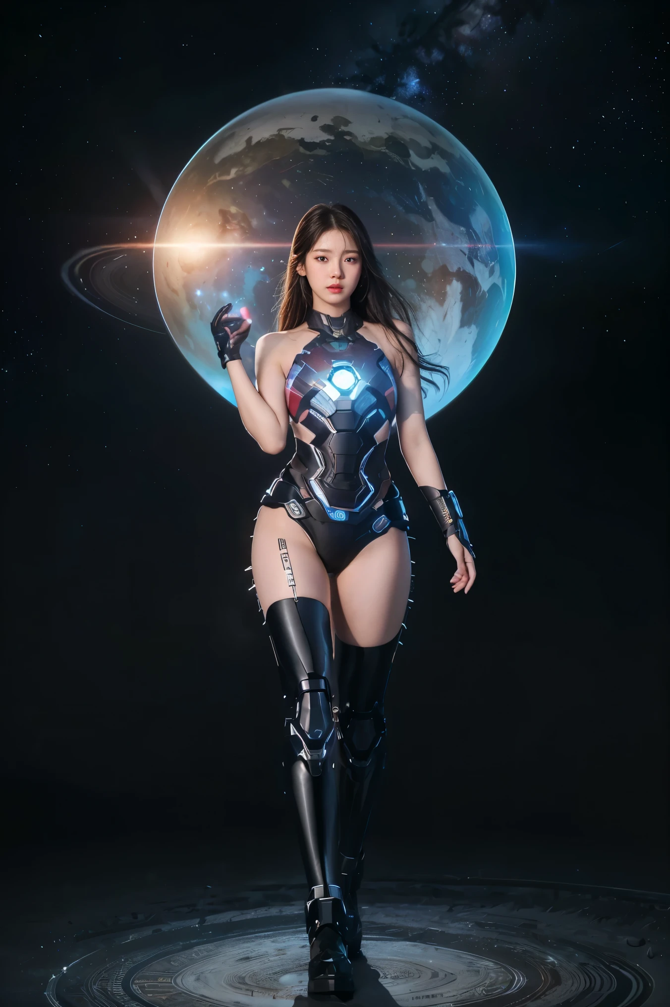 Primitive, Masterpiece, super thin photo, Best quality, Ultra High Resolution , photorealistic , In the cosmic nebula,Full body standing photo, Incredibly beautiful, Cowboy fighting pose, Delicate face,Vibrant eyes, (frontage), huge boob,The Iron Man mech she wears, Black color scheme, The whole body glows like a diamond,Cosmic stellar background, Highly detailed, Detailed face, Gorgeous, Highly detailed skin, Realistic skin details, Visible visible, Sharp focus, volume fog, 8K UHD, SLR camera, High quality, filmgrain, light-skinned, Photorealism , DL, In the distance is Saturn,