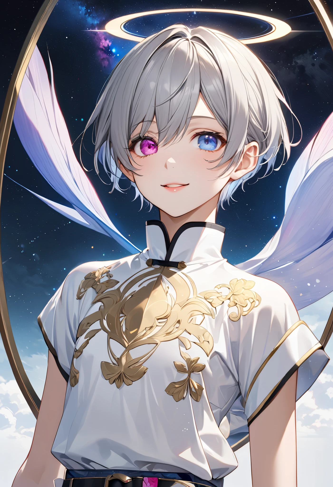 fresh illustration ,
Superfine painting,
very delicate illustration ,
Very fine details ,
1boy ,
( standing)
Alone,
Height: 158cm,
Beige Skin,
Cheeks are ruddy,
(The iris of the left eye is light sky blue and the iris of the right eye is magenta ),
(Complete iris heterochromia ),
beautiful eyes,
large black pupils ,
Short short hair,
(Gray Hair),
only the base of the hair is light blue ,
The hair has gradation ,
shiny hair with makeup,
Young, beautiful, beautiful face ,
The lips are extremely small,
is smiling,
A small halo that shines brightly floats on the head ,
raised eyebrows ,
The upper body is wearing a kimono in kimono ,
six pack,
The lower body is long, transparent clothing in the style of a Chinese dress with slits at both hips,
The color of the belt is black ,
Overall white clothes ,
The belt has tasteful embroidery with gold thread ,
fine fabric clothing ,
Slim waist,
Thin legs,
jockstrap underwear ,
the thigh strap cuts into the skin ,
The tips of the white long boots are Japanese style ,
Isometric,
golden ratio,
god々 like atmosphere,
The undershirt is indigo-colored with a stand-up collar,
outer space ,
Milky Way,
Little Star々 upper body ,
tactical use of shadows ,
Head rings and hair fit in a frame ,
Clothes fit in a frame ,
is facing the front,