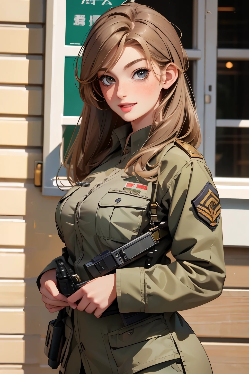 very pretty girl . She is 28 years old . Breast size 3 . height 180 cm . light grey eyes . brown-haired . she smiles . Wearing military uniform . U.S. Army Officer .