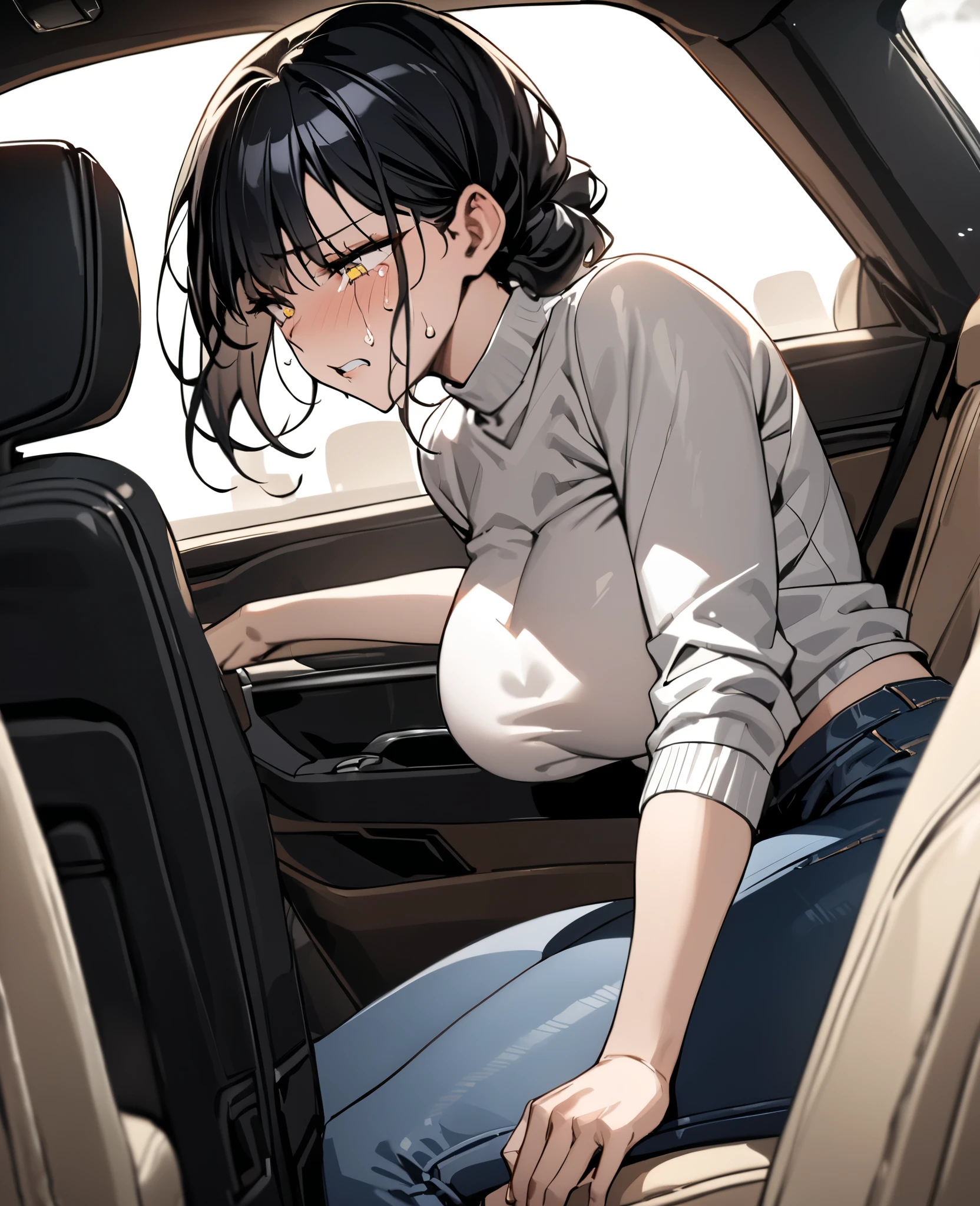 a woman in a car, (tape gag:1.2 ),8K,brown hair, large breasts, beige suit, detailed facial feature, 8k, highest quality,studio lighting, intricate details, masterpiece,sitting on seat,rolling eyes