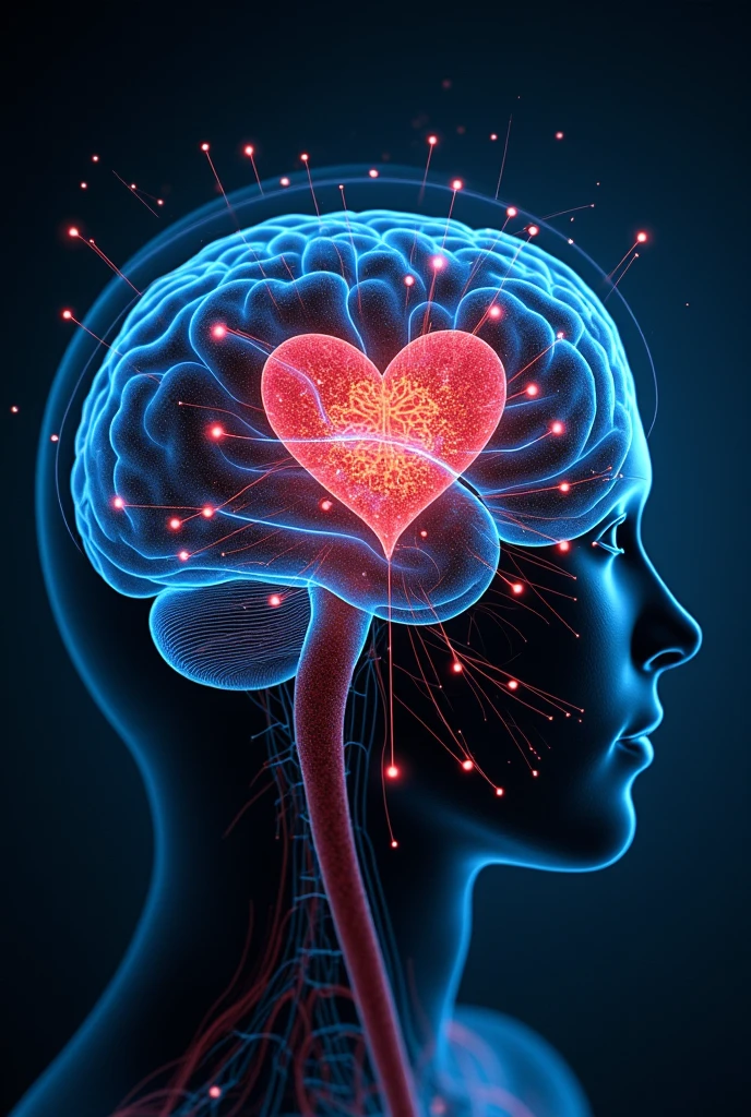 A big and enlightened heart (humility) next to a brain with gears (pride). The background is a gradient of blue and purple, symbolizing wisdom and emotion.