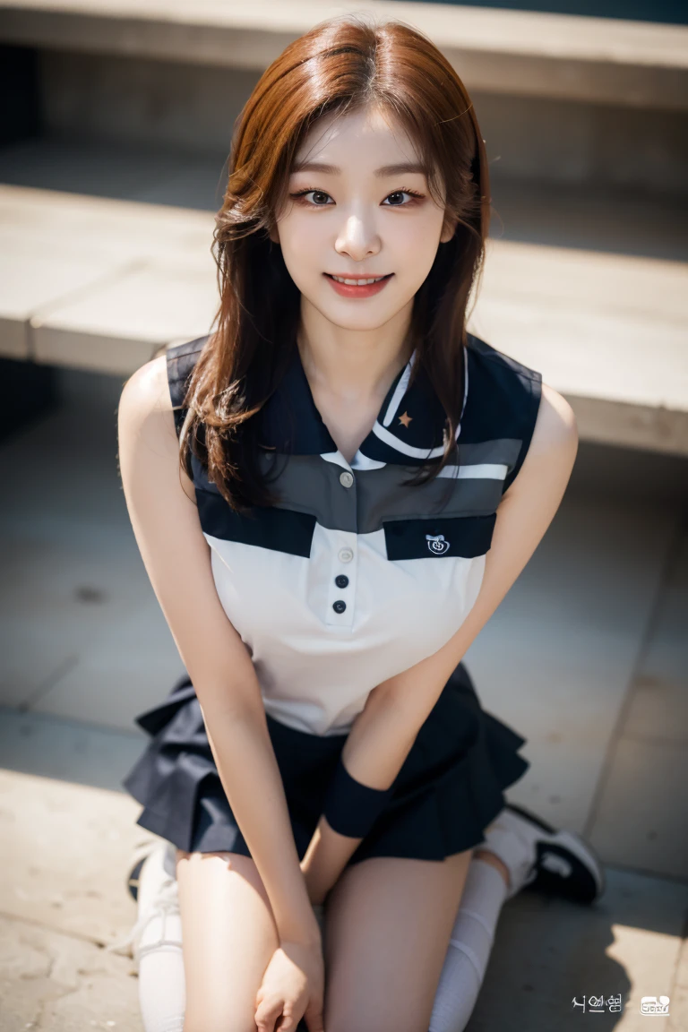 Pure Japanese girl, outstanding body, beautiful legs, wearing uniform, natural hairstyles, sweet smile, sitting, refreshing in early summer, composition from the front,
