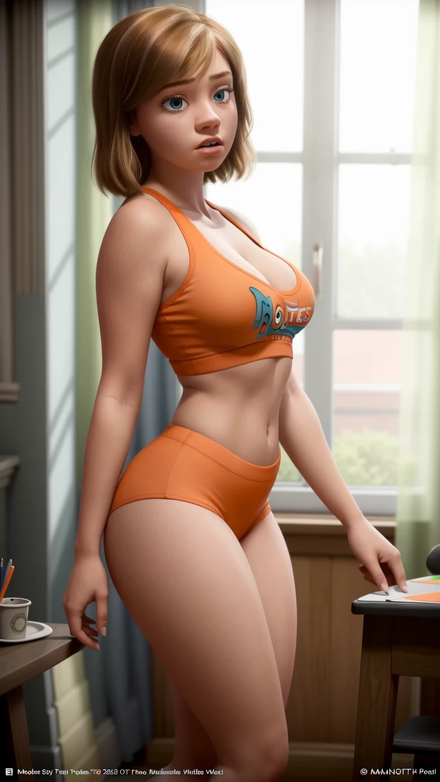 women, ((masterpiece, Best Quality)), full body view, bursting very giant breasts, slim, very fat legs, Wide hips, detailed skin, Riley Andersen as a hooters girl, mermaids white and orange tight clothing, Bermuda, fitted crop top, Very detailed, cinematic lighting, ultra realistic, blush, looking at the viewer, Riley Andersen from the movie Inside Out