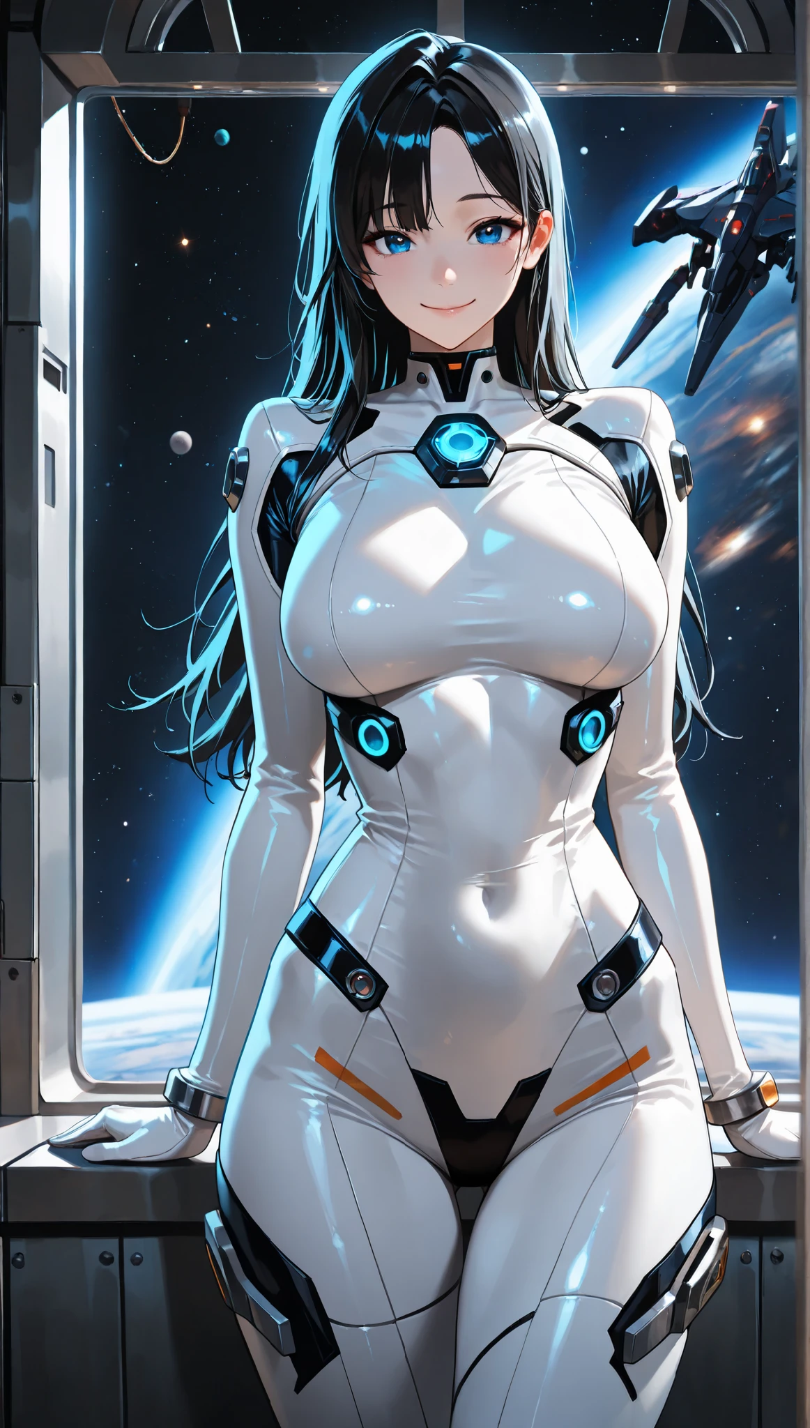 4K,hight resolution,thicc Asian Woman, light blue hair,ponytail.Green eyes,Colossal ,White Cybersuit,Bodysuits, (holding Longsword), spaceship at the background in the space