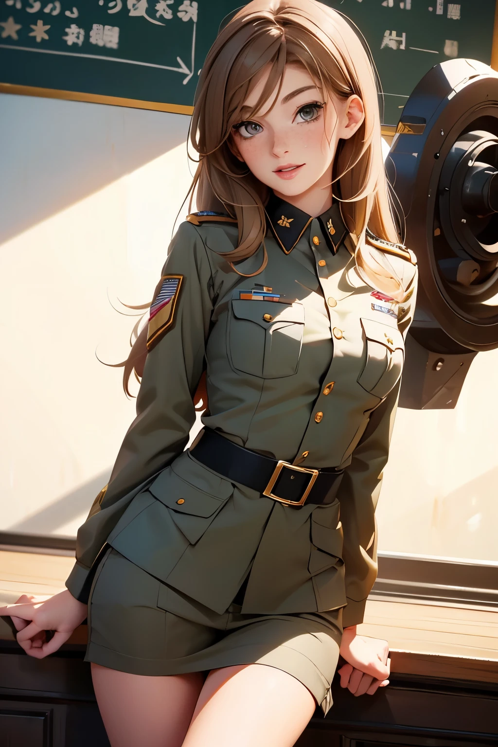 very pretty girl . She is 28 years old . Breast size 3 . height 180 cm . light grey eyes . brown-haired . she smiles . Wearing military uniform . U.S. Army Officer .