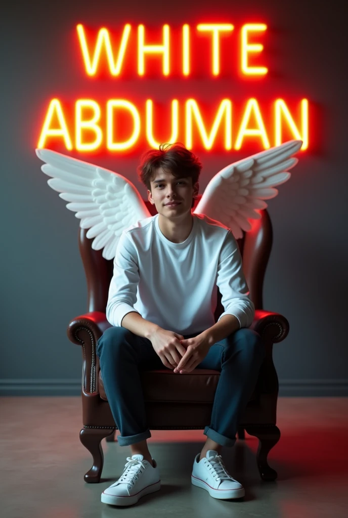 " Create a 3D illusion for a profile picture where a 18 Year old cute boy in a white shirt Sitting casually on a Wingback chair. Wearing sneakers, he looks ahead. The background features "MAMUN" in big and capital ice blue  light fonts on the dark grey wall. There should not be his shadow, and there are wings to make it appear as if he is an angel. "