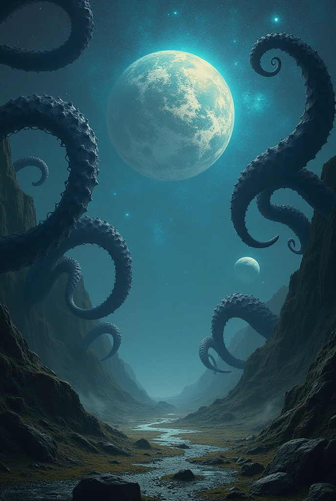 huge full moon above the sea and 6 tentacles of hermaeus mora from skyrim reaching the moon from deep below the sea