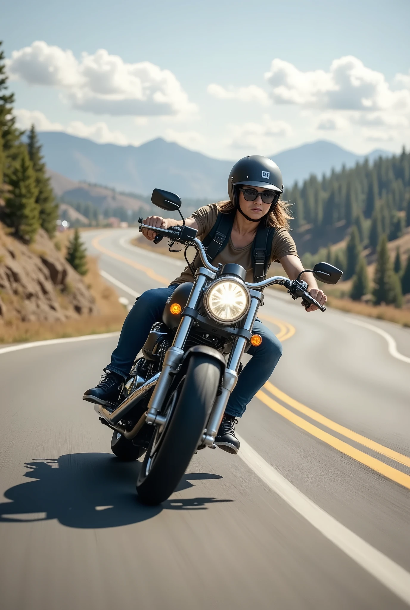 (8k, Top Quality , Masterpiece), ( realistic , photo realistic : 1), (Turn a corner with a Harley :1)