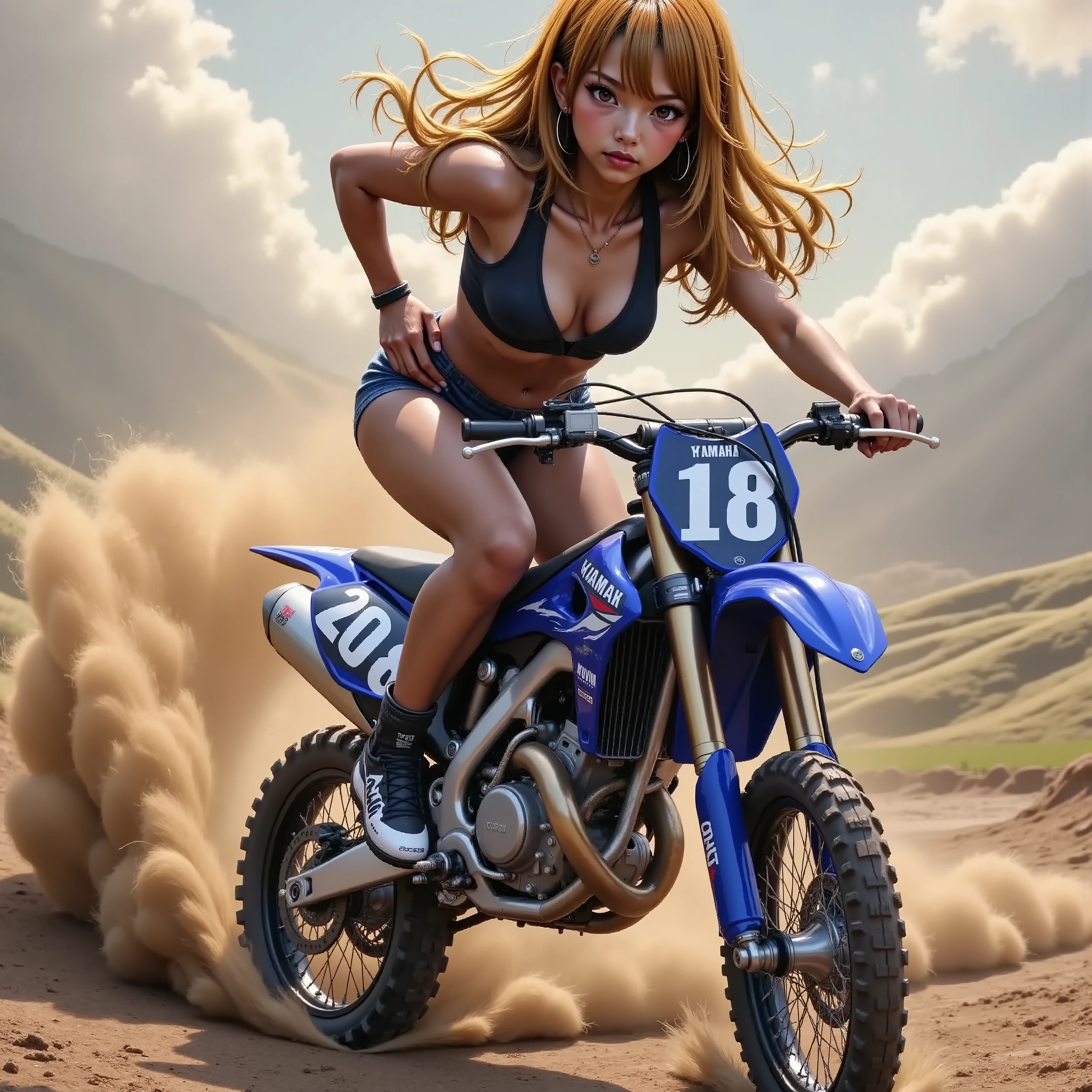 1 beautiful girl, Brown skin , abs,Thin legs、motocross racing,Yamaha WR250 , acrobatic riding、