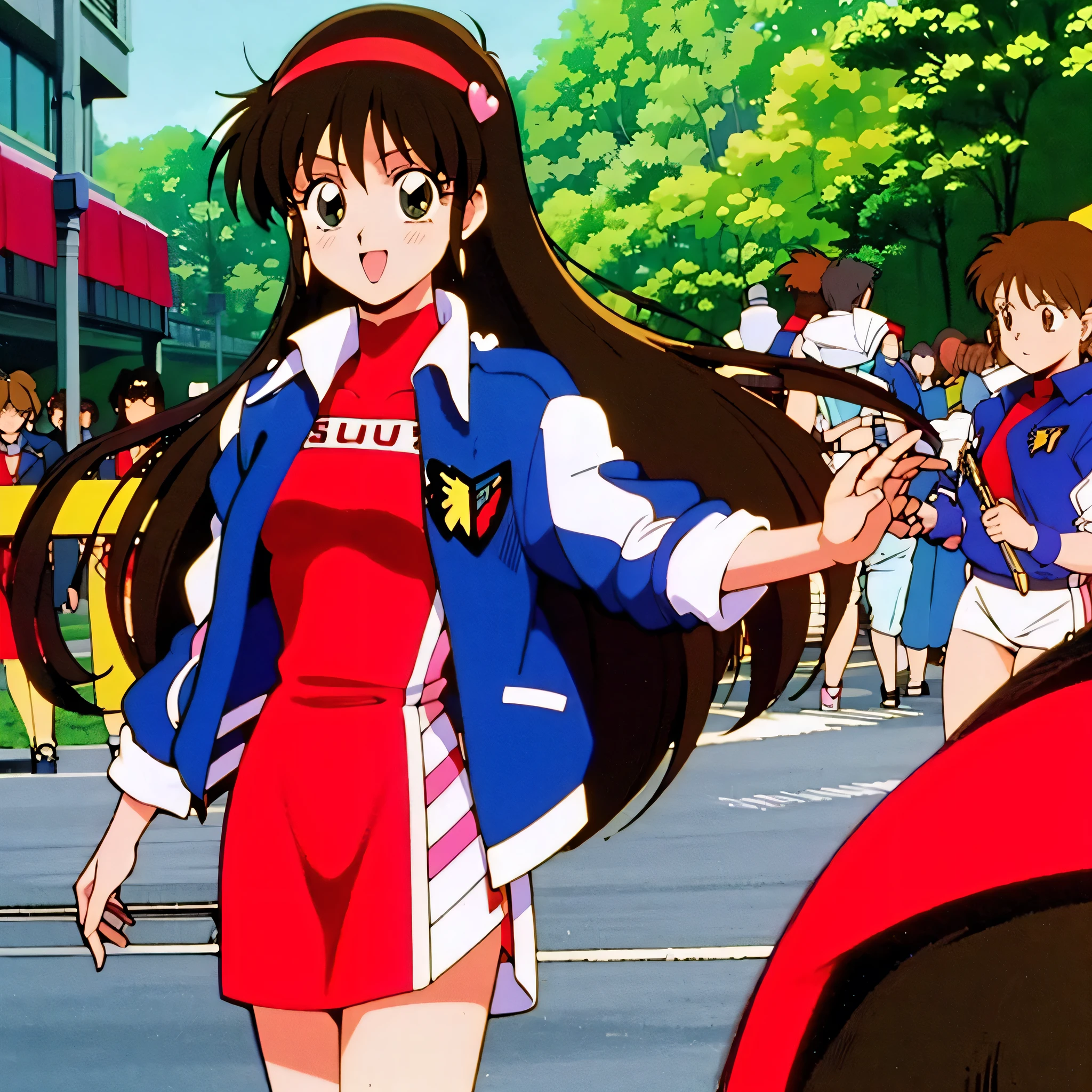 Asusdol, One Girl , Alone, green eyes, heart, hair ornament, jacket, red dress,retro art style for stilets, 開いた口, 1990s ( style for stilets), looking at viewer, smile, outdoor, null, cowboy shot , clevis cut out, race queen