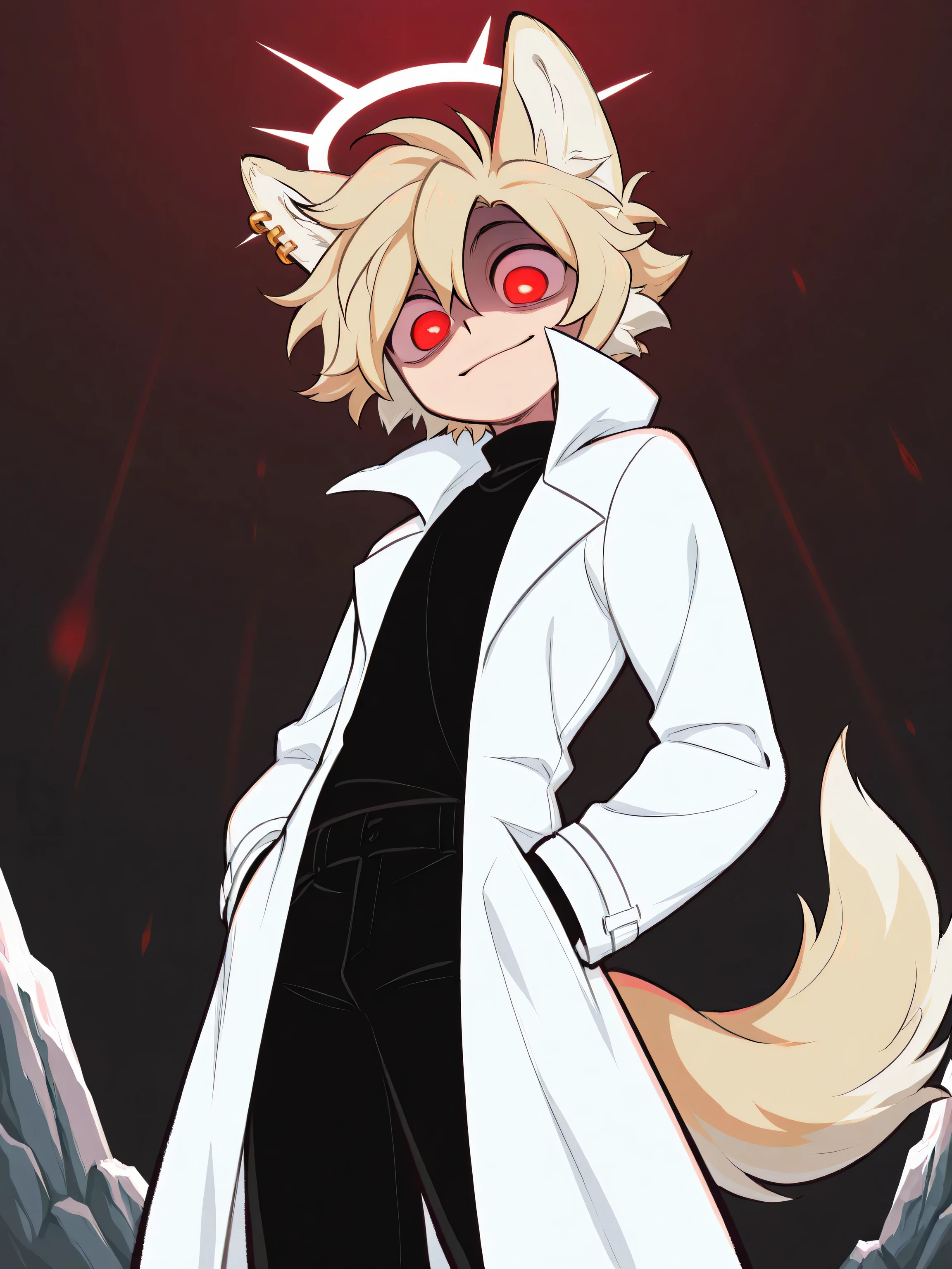 solo, 1man, blonde hair, neutral face, atop a mountain, from below view, hands on pockets, blonde wolf ears, blonde large wolf tail, piercing red eyes, tall, white trenchcoat, black shirt, black pants, white halo
(masterpiece), best quality, expressive eyes, perfect face, ,score_9, score_8_up, score_7_up,source_anime,BREAK,masterpiece, best quality,