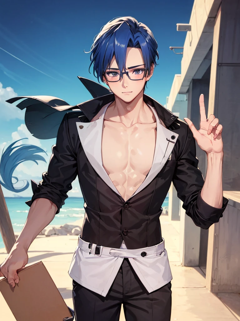 detailed background, outdoors, beach, ocean, sun, smile, 1boy, looking at viewer, hand on hip, <lora:LorenzFE3H:0.75> sumLorenz, navel, white jacket, red flower, open clothes, male swimwear, swim briefs