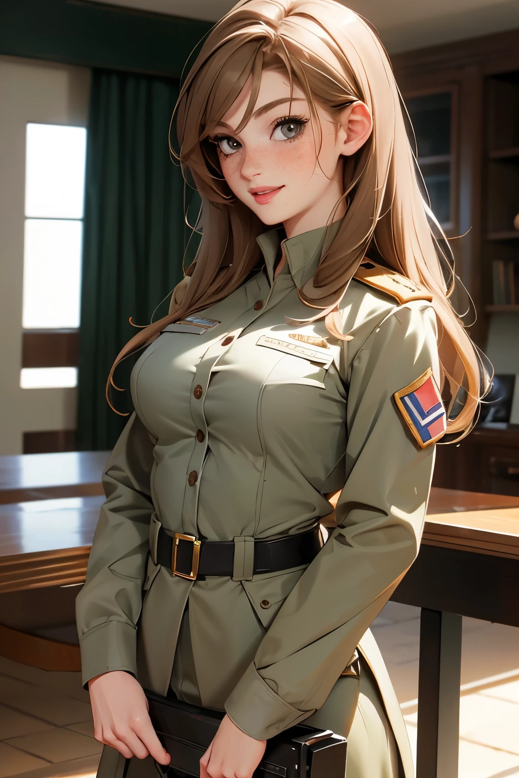 very pretty girl . She is 28 years old . Breast size 3 . height 180 cm . light grey eyes . brown-haired . she smiles . Wearing military uniform . U.S. Army Officer .