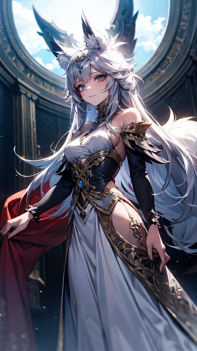 (((masterpiece))), best quality, 1girl, ((pantyhose)), silver hair, red eyes, park in the night with fountains background, looking at viewer, smile, busty, highly detailed face,highly detailed eyes, sitting, hi resolution,4k, mature,