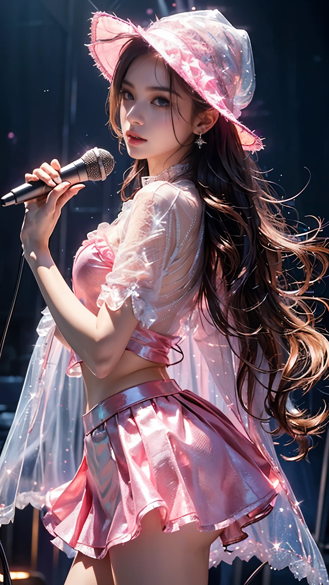Top quality, masterpiece, ultra high definition, Original photo, 1 Girl, ((mesh shirt)), cinematic lighting, very long hair, detailed eyes, wind, necklace, earring, ((rockstar mini skirt)), ((mesh clothing)), ((pink clothing)), ((soft lace)), ((wavy cape)), ((holding hat)), ((holding microphone)), ((glowing lights)), ((reflection)), in the stage, ((stars)), front pose,