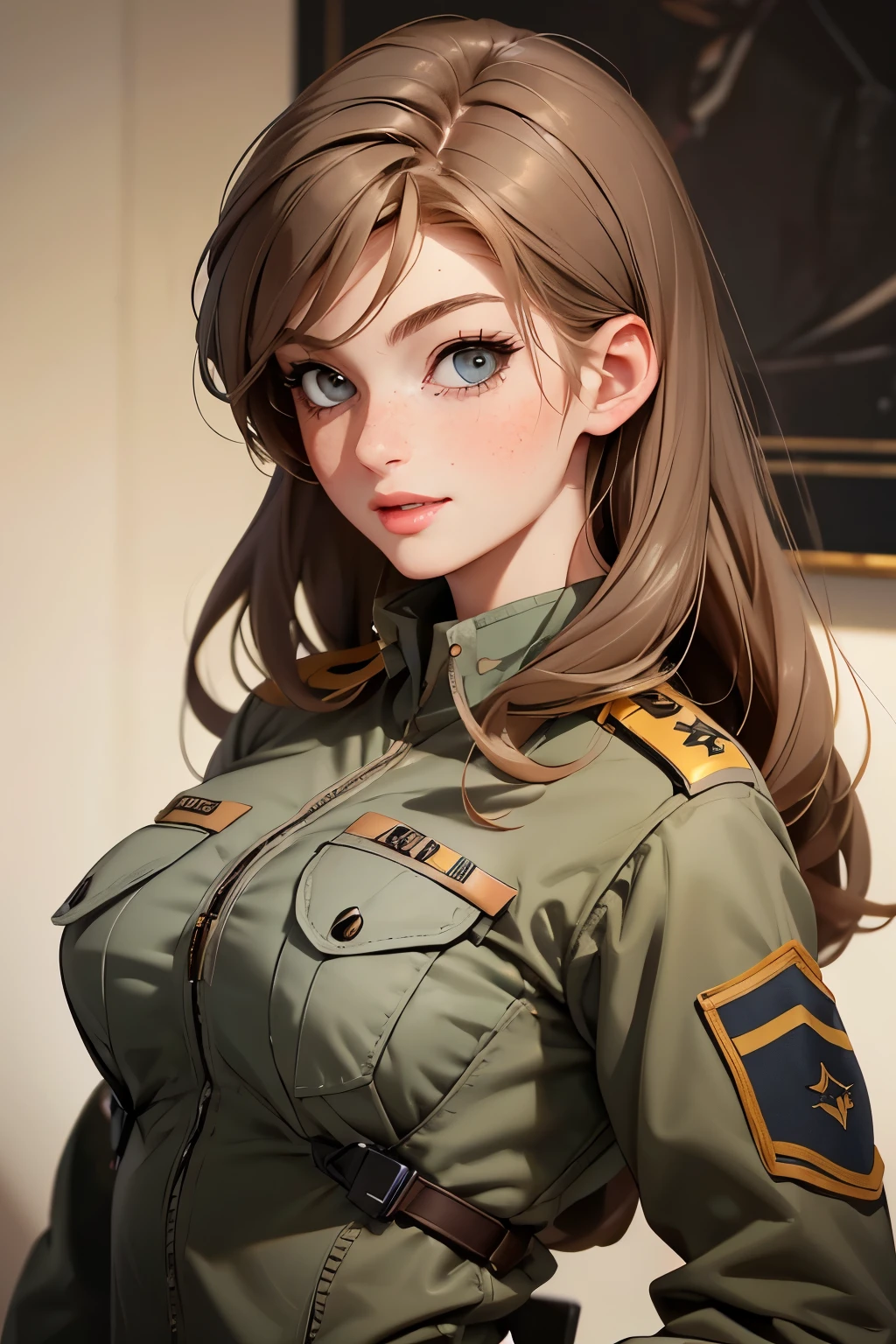 very pretty girl . She is 28 years old . Breast size 3 . height 180 cm . light grey eyes . brown-haired . she smiles . Wearing military uniform . U.S. Army Officer .